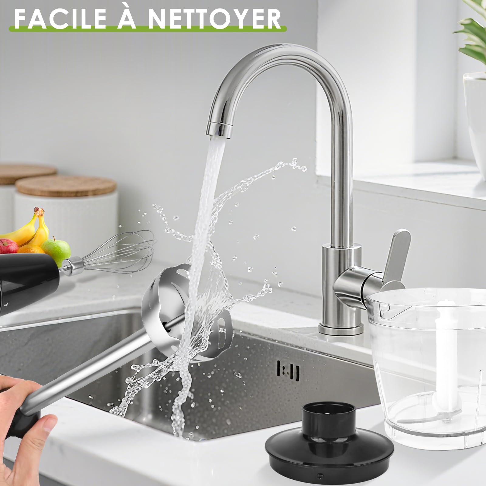 Dreamhigh® Mixeur Plongeant Professionnel 4-en-1, 1000W avec 12 Vitesses + TURBO & 2 Boutons, Inclus Fouet, Hachoir 500ml & Verre Doseur 700ml, Idéal pour Soupes, Smoothies & Purées