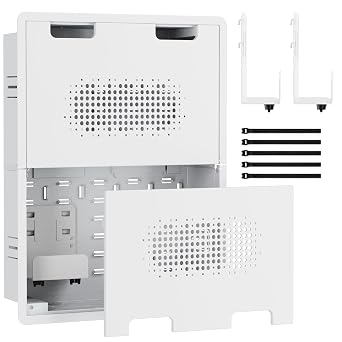ynVISION.DESIGN 17" Recessed in-Wall Media Box - Flush Mount AV Cable Management Box & Cord Hider with Adjustable Shelf, Cable Straps & Vented Cover - Compatible with Apple, Roku TV, Fire TV & More