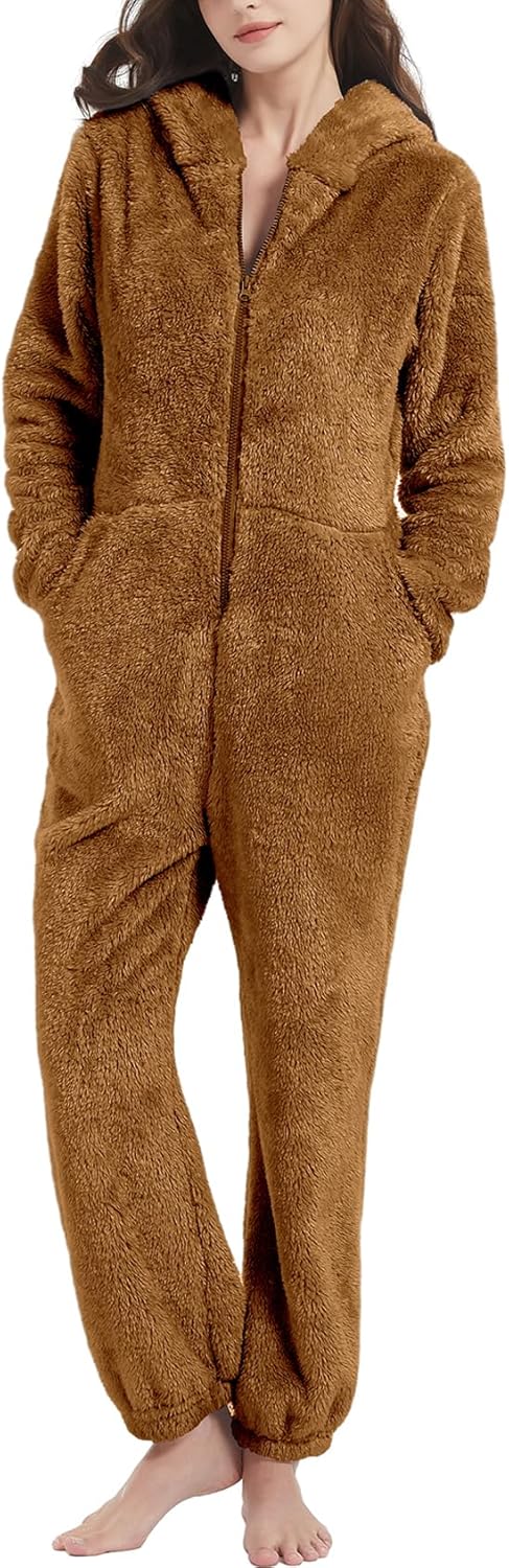Flygo Womens Onesies Pajamas One Piece Hooded Adult Pajama Jumpsuit Winter Fuzzy Sleepwear