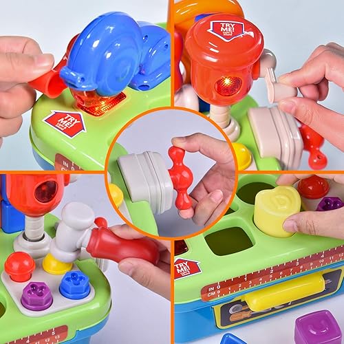 Miniatura 3 de FUN LITTLE TOYS Banco de trabajo y kit de herramientas de juguete de construcción con sonido y música, juego de herramientas para bebés con