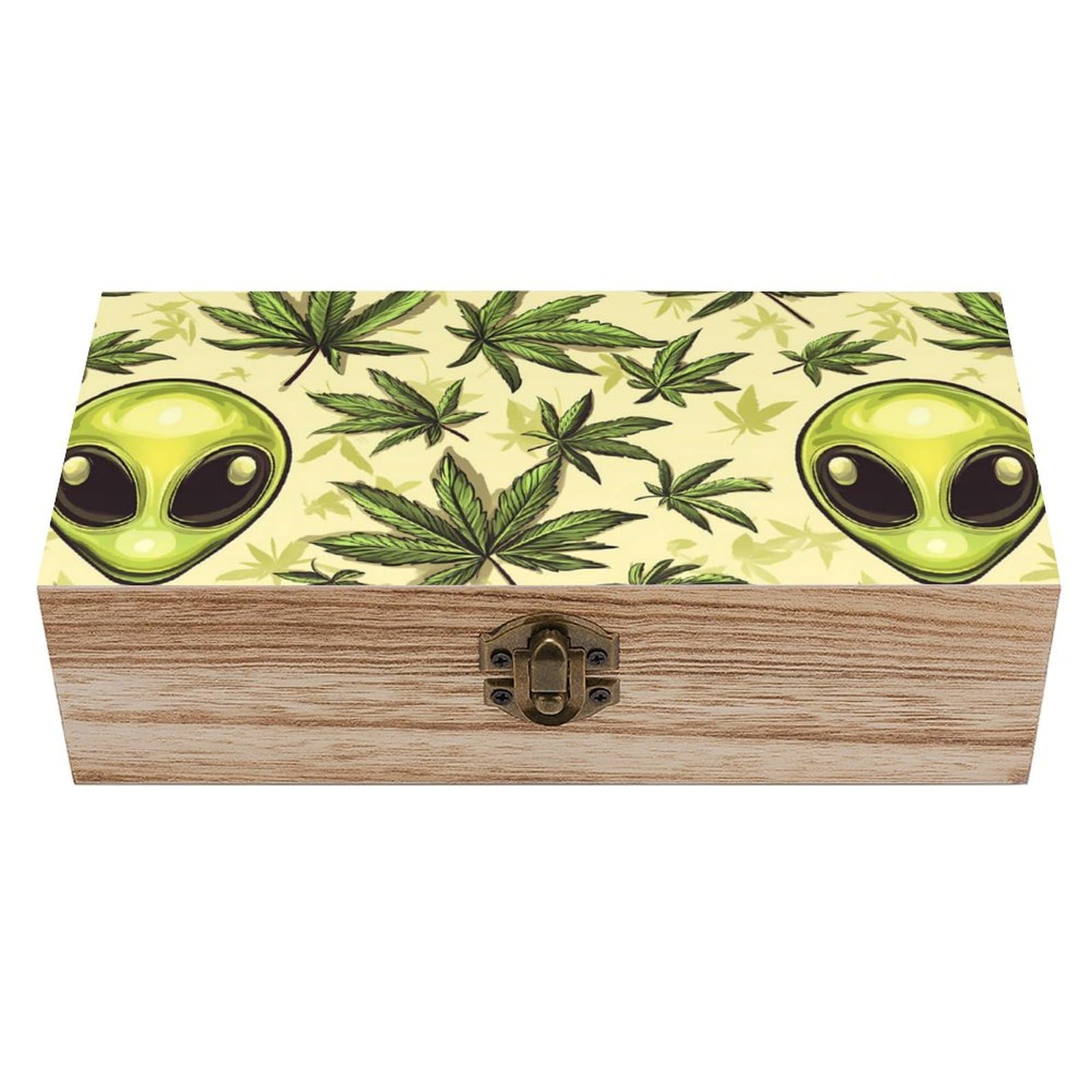 Aliens-Weed Leaf Wooden Box with Hinged Lid Decorative Storage Box Cabinet Container