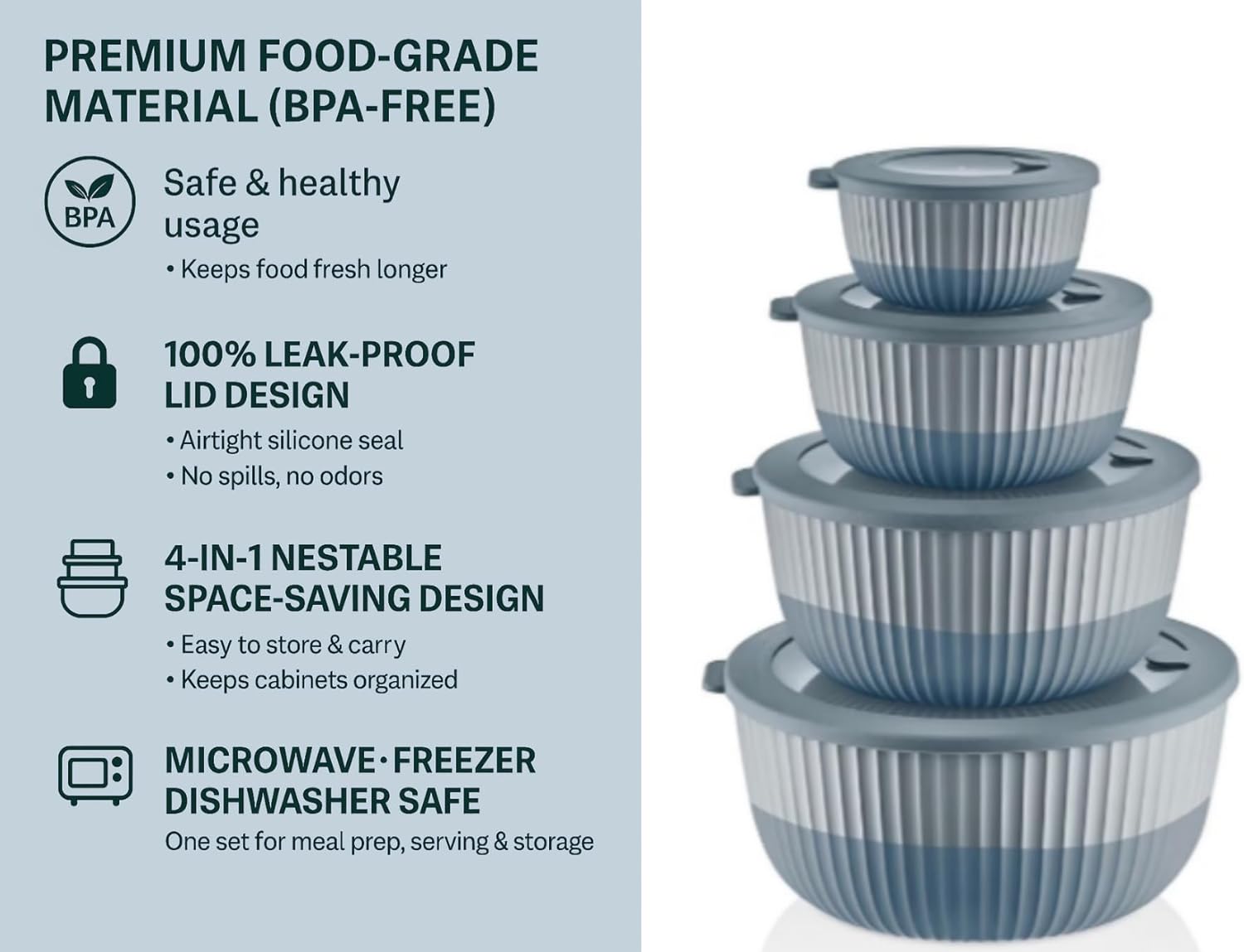 Mixing Bowls with Lids, 8-Piece Airtight Leak-Proof Nesting Plastic Bowl Set for Kitchen & Food Storage, Large 4200ml Capacity, BPA-Free, Microwave & Dishwasher Safe - Image 4