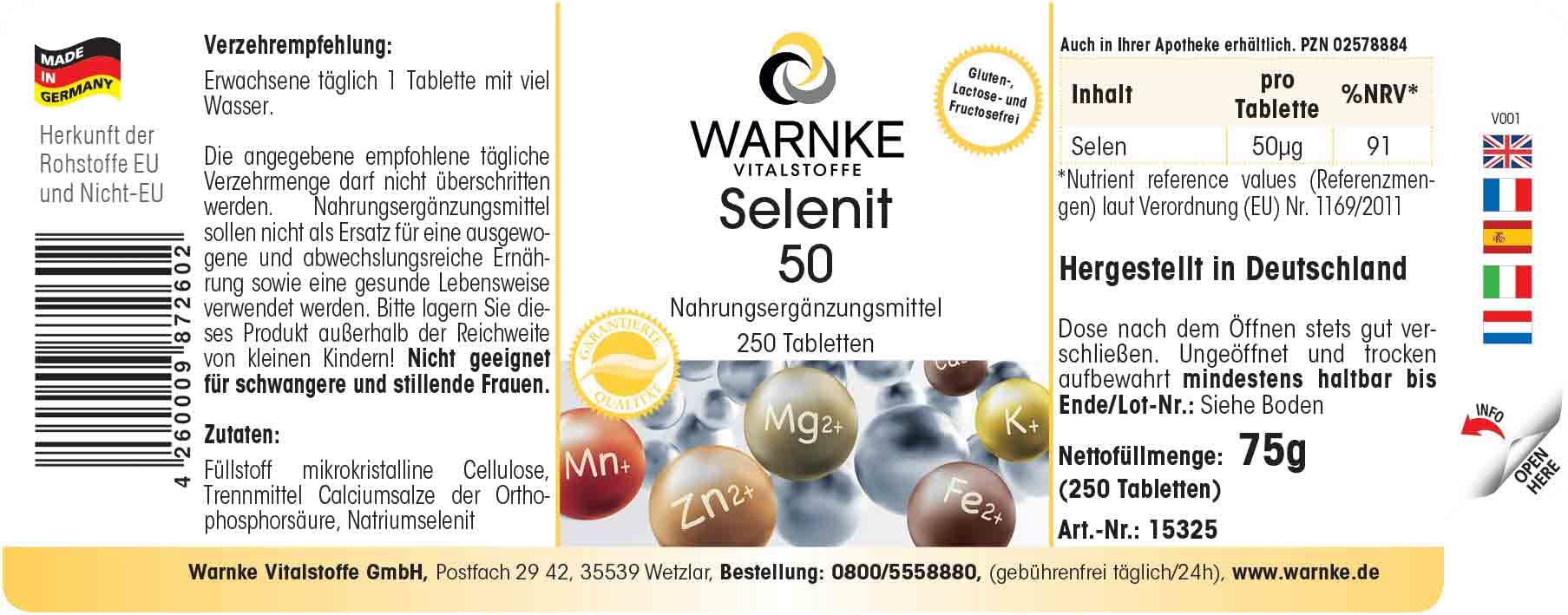 Selenio 50 mcg integratore di sodio - Ottenuto da selenio - Sostanza pura - 250 compresse | Warnke Vitalstoffe - Qualità da farmacia tedesca