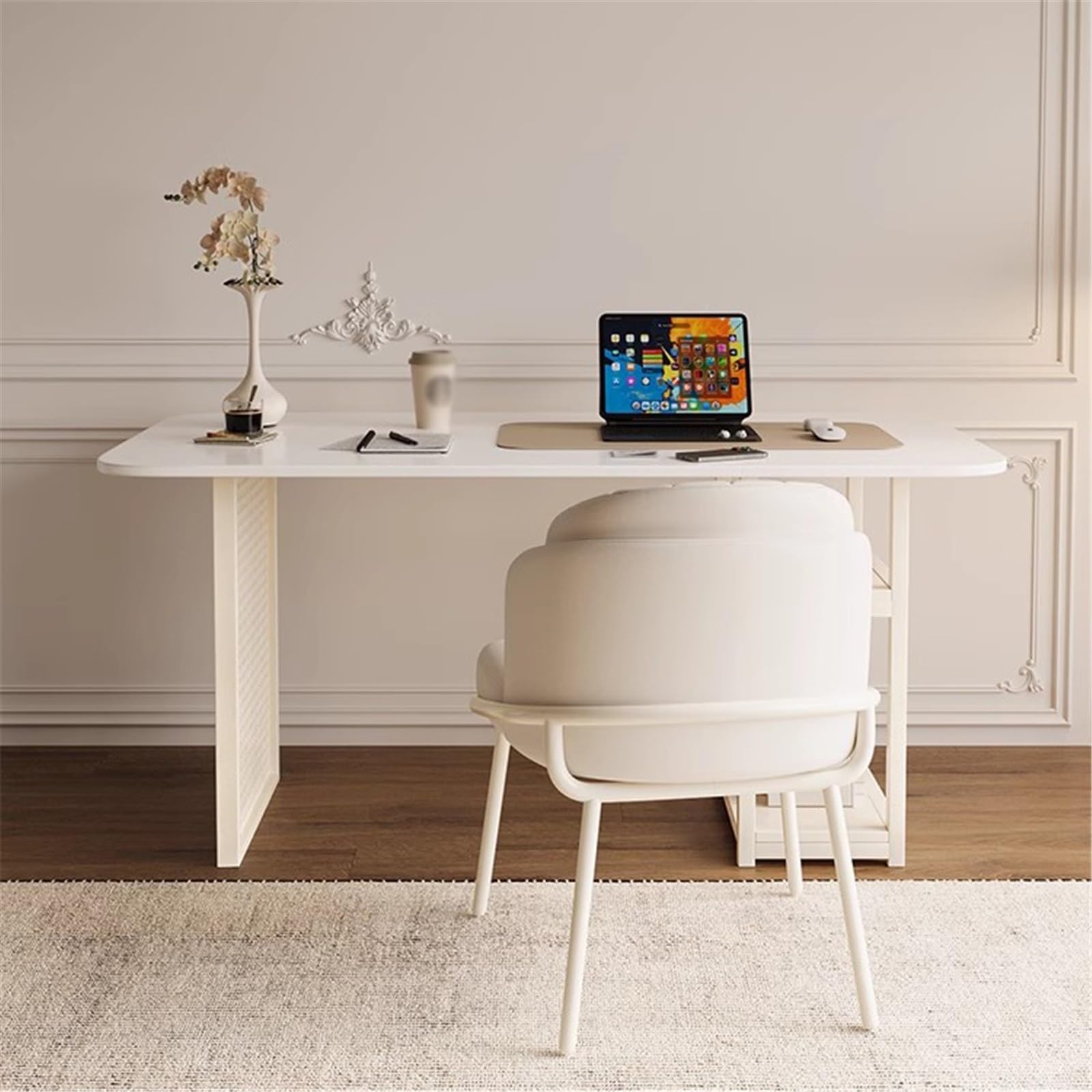 Acrittura Tavolo bianco for l'home office con ripiani portaoggetti a 2 livelli(M)