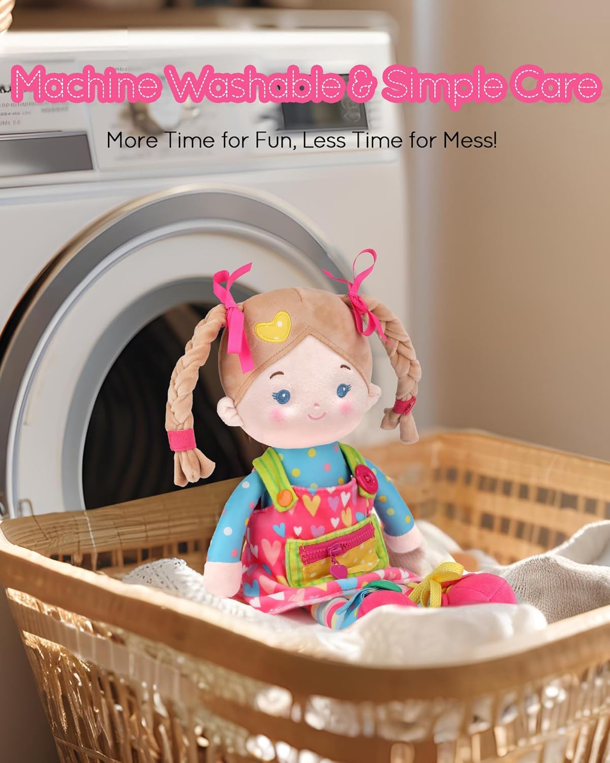 LeyaDoll Personalized Learning Sensory Soft Baby Doll, Montessori Toys for 2-Year-Old Girls Christmas, Birthday Gifts, Plush Doll with Zipper, Shoelace, Button - Busy Sweetheart Girl