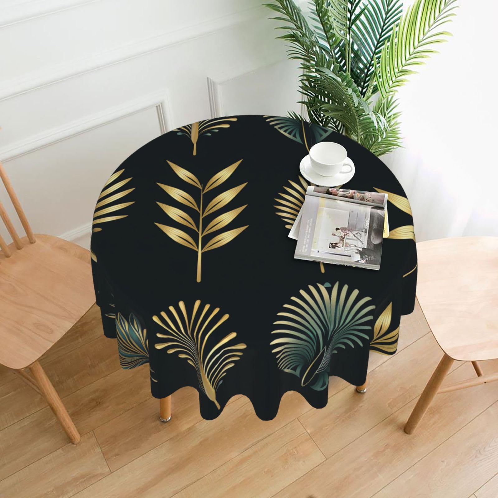 QMKFWT Golden Palm Leaves Printed Round Tablecloth,Dust-Proof Wrinkle Resistant Table Cover Washable Polyester Table Cloth for Kitchen Dining Room Farmhouse Picnic Indoor Outdoor(Round 60 Inch)