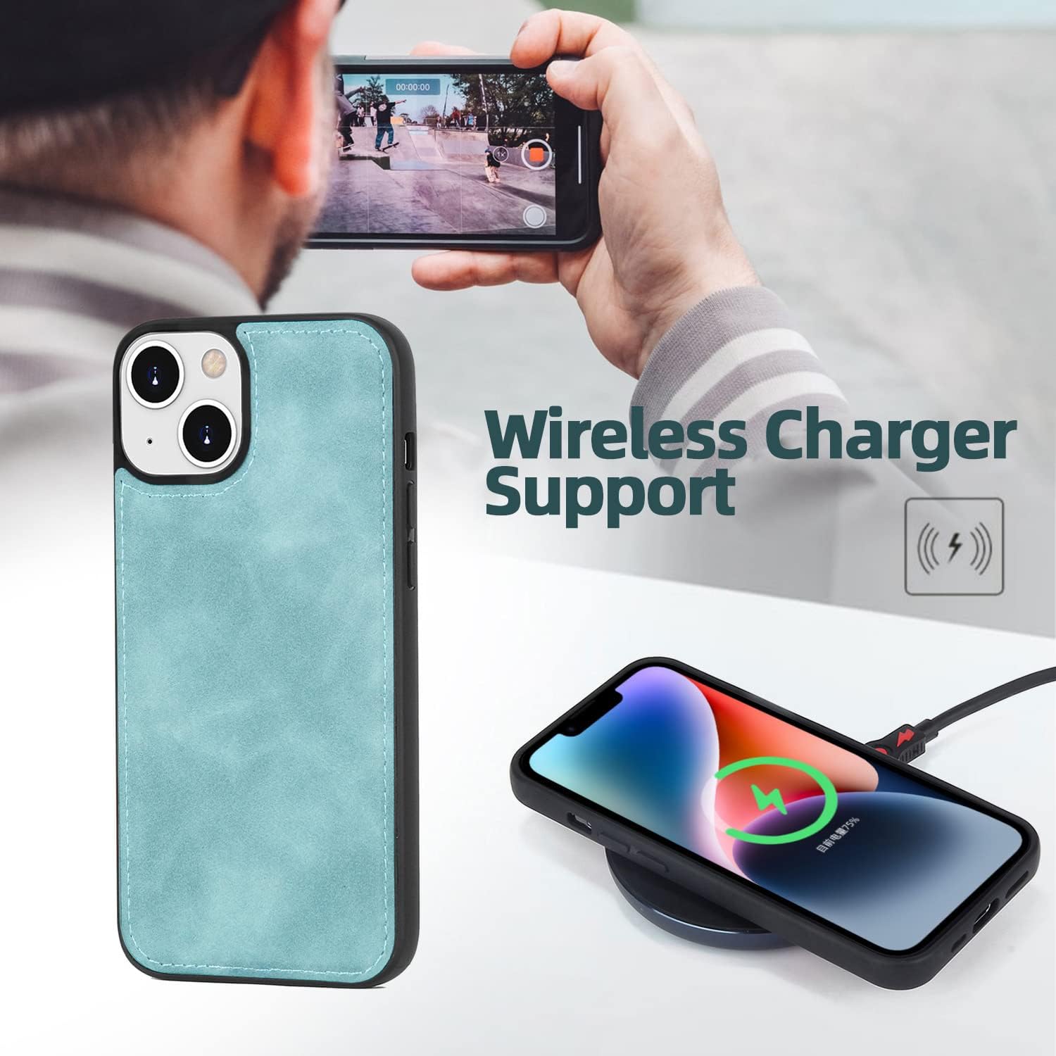 TwoHead Designed for iPhone 13 Wallet Case with Card Holder,Detachable Magnetic Phone Case with Wallet PU Leather Wallet Phone Case for iPhone 13 Case Wallet for Women/Men with Wrist Strap(Blue) - Image 6