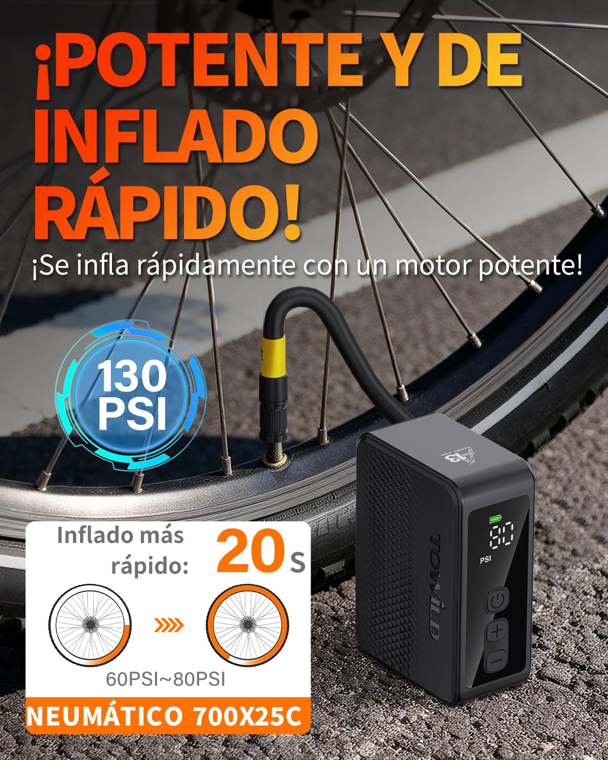 TOWILD A13 Bomba de Bicicleta Eléctrica con Manómetro, 130 PSI Bomba de Aire Portátil Compresor de Aire Recargable, Válvulas Presta y Schrader, Apagado Automático para Bicicleta de Montaña y Ciudad