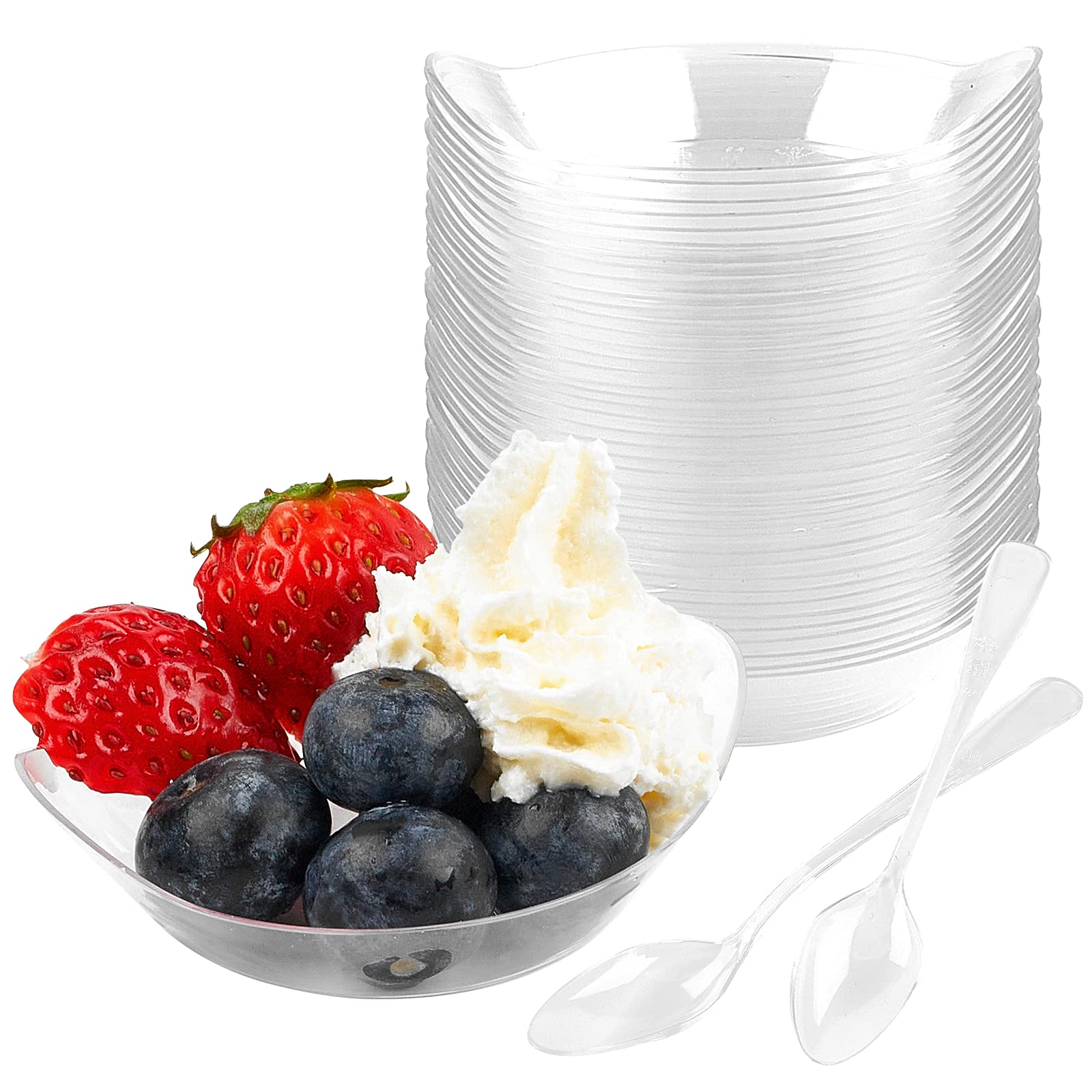 TOFLEN 100ct Mini Dessert Plates for Appetizers with Tasting Spoons, 3-1/8 x 2-5/8 Inches Reusable Crystal Clear Plastic Party Serving Hors D'oeuvres Plates (Leaf Shape)