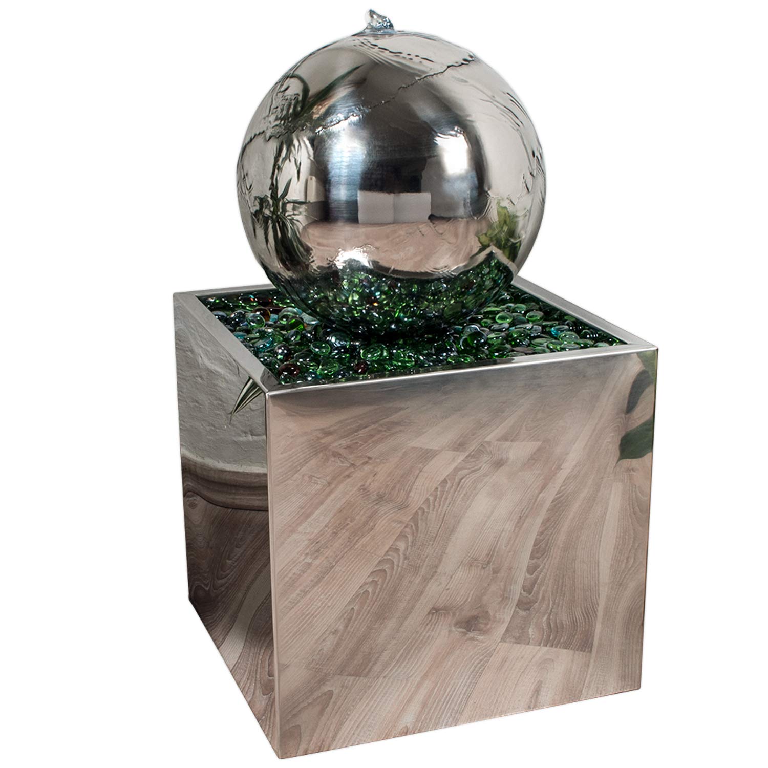 Köhko® Springbrunnen Ø 28 cm mit LED-Beleuchtung in eckigen Edelstahlbecken hochglanzpoliert 21015 Gartenbrunnen aus Edelstahl