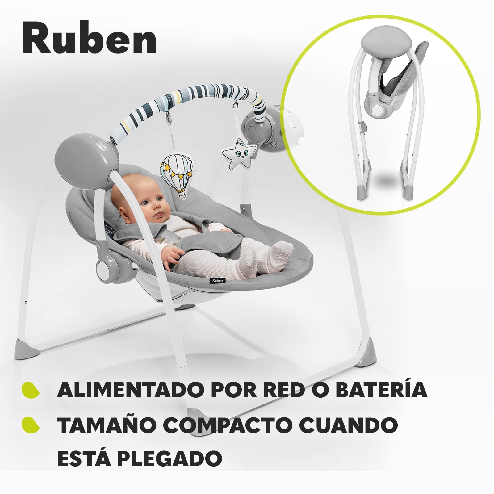 Lionelo Ruben Columpio-Hamaca para Bebé, temporizador | Niño, hasta 9 kg Regulación del Respaldo en 2 Niveles 5 Velocidades de Balanceo 12 Melodías