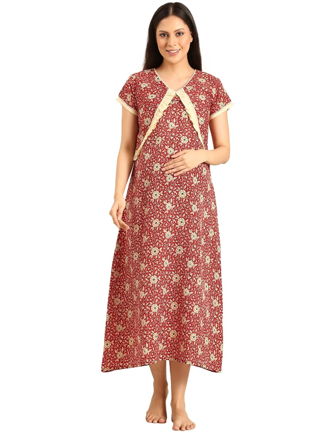 Rupa Jon Ashwarya Women Full Length Printed Maternity Night Dress in Cotton Blend Fabric, Maxi Nighty, Pregnancy Night Dress for Nursing, Pre and Post Pregnancy Red Rupa Jon Ashwarya Women Full Length Printed Maternity Night Dress in Cotton Blend Fabric, Maxi Nighty, Pregnancy Night Dress for Nursing, Pre and Post Pregnancy Red