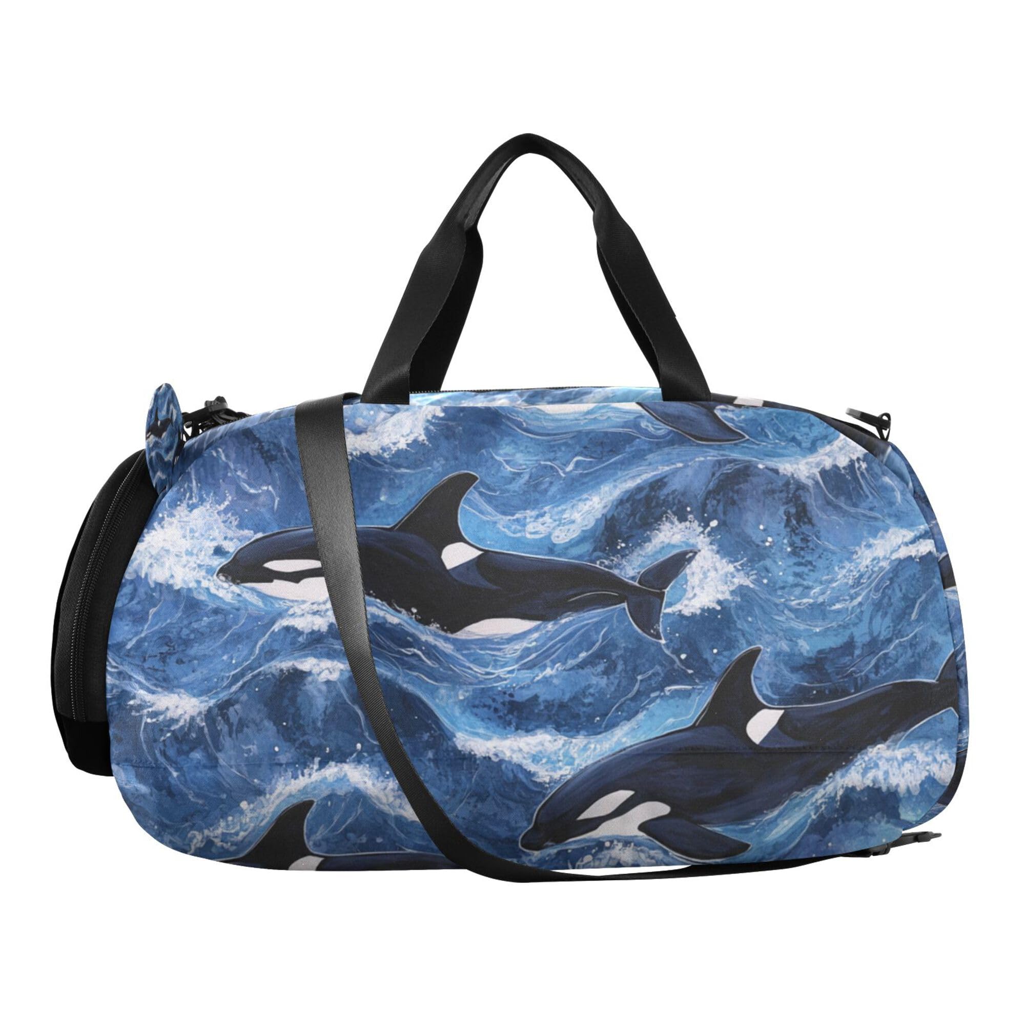 Glaphy Blue Cartoon Sharks Duffle Bag for Toddler Boys Girls, Gym Sports Bag with Shoe Compartments, Kids Travel Overnight Weekender Shoulder Bag