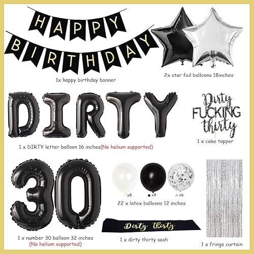 Miniatura 6 de Decoraciones de fiesta de cumpleaños número 30 plateado y negro, pancarta de los 30 Dirty Thirty Globo Dirty 30 Sash Cake Topper para ella Él 30