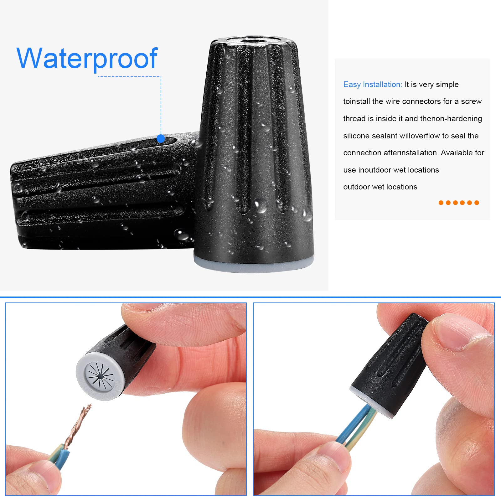 100 Pieces Waterproof Wire Electrical Connectors Black Waterproof Wire Nuts Outdoor Seal Electrical Twist Nuts Caps Cable Terminal Connector for Landscape Light, Irrigation Valves (0.93x0.47Inch)