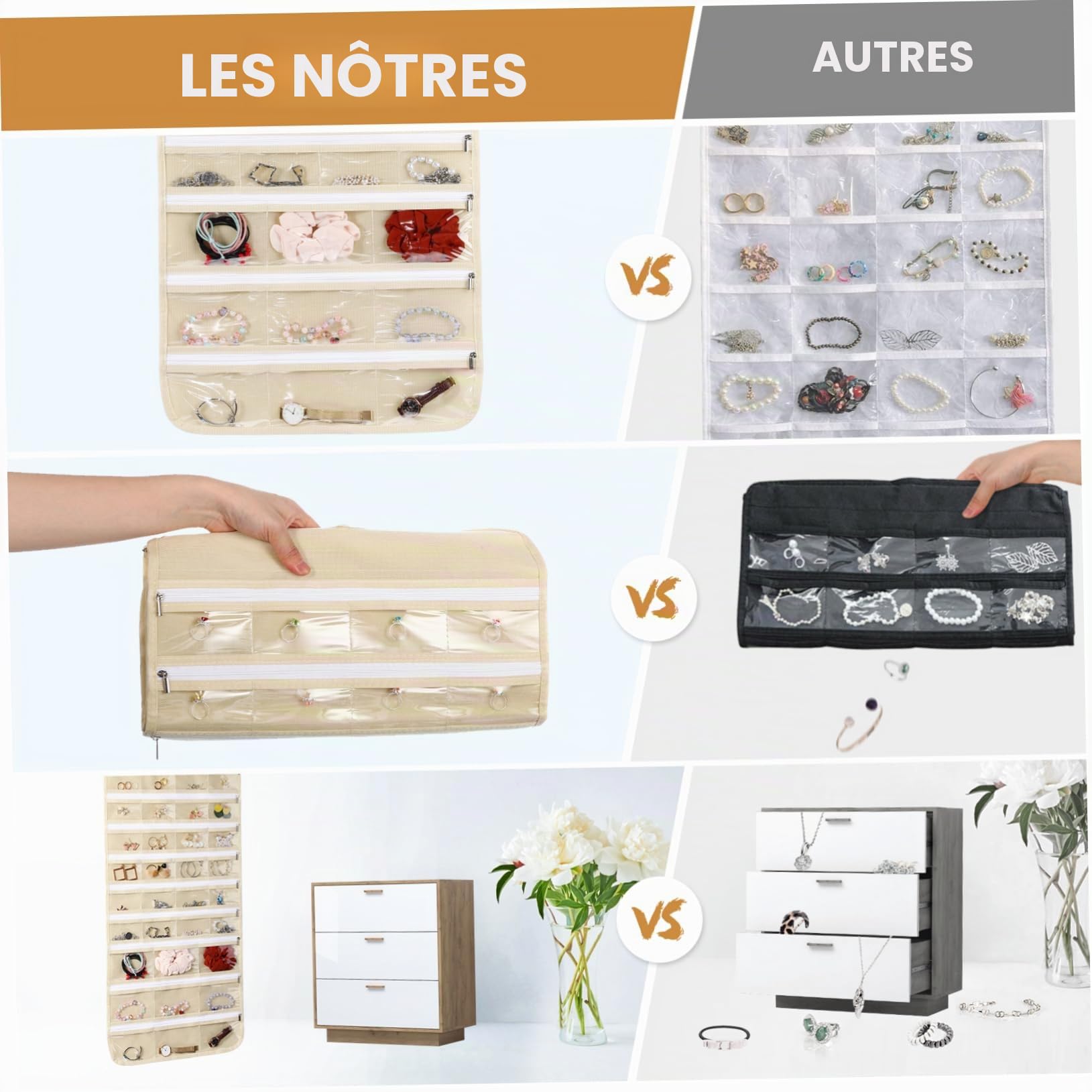 Hanging Organisateur de bijoux avec 66 poches double face pour boucles d'oreilles, colliers, bracelets, bagues, placards, armoire, penderie