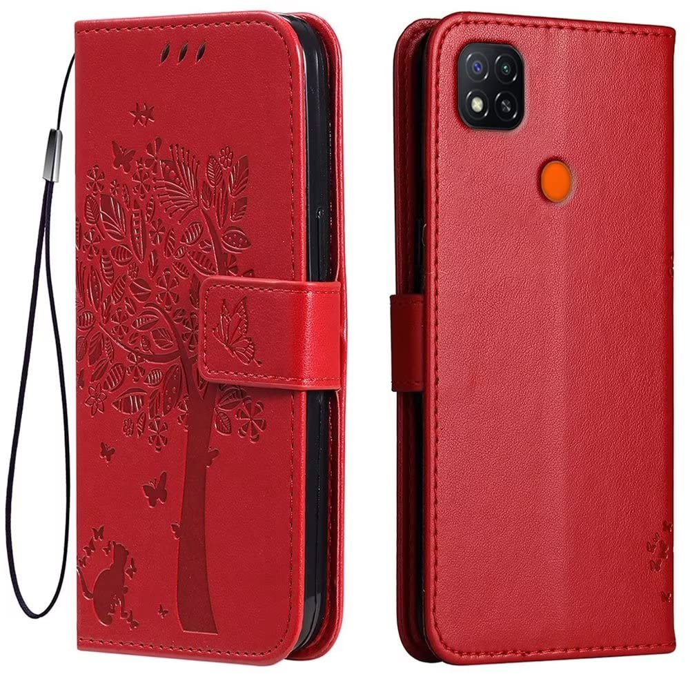 Custodia Portafoglio Con Coperchio Magnetico Per Xiaomi Redmi 10A / 9C NFC, In Pelle PU Rossa Con Slot Carte E Supporto - 3