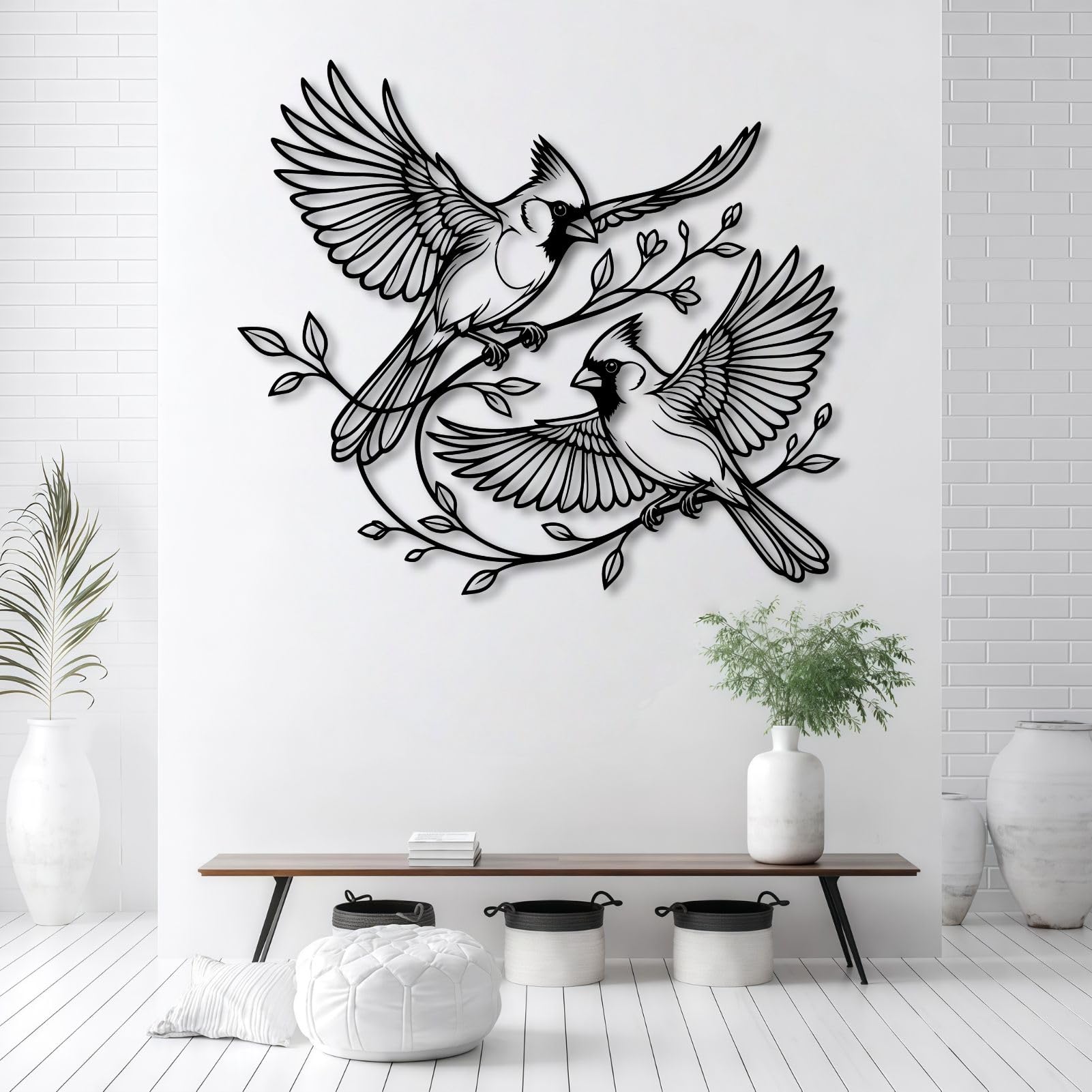 Schwarze Kardinäle als Wanddeko aus Metall, rustikales Wandbild mit Zwei Kardinälen aus Metall, Moderne Vogelskulptur für Wohnzimmer, Schlafzimmer, Flur und Treppenhaus (Silber, 48 cm breit)