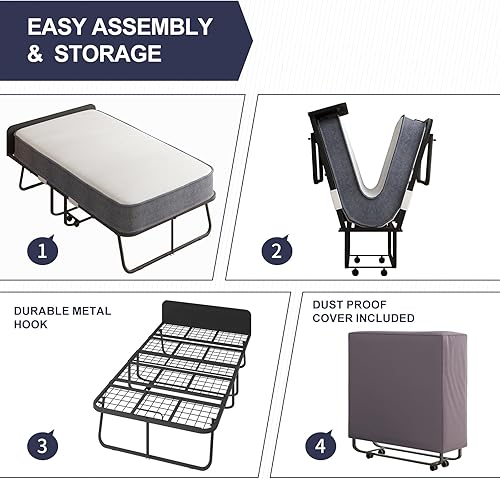 Miniatura 2 de Cama plegable con colchón de esponja viscoelástica, cama plegable de 75 x 46 pulgadas para adultos, cómoda cama plegable portátil para invitados,