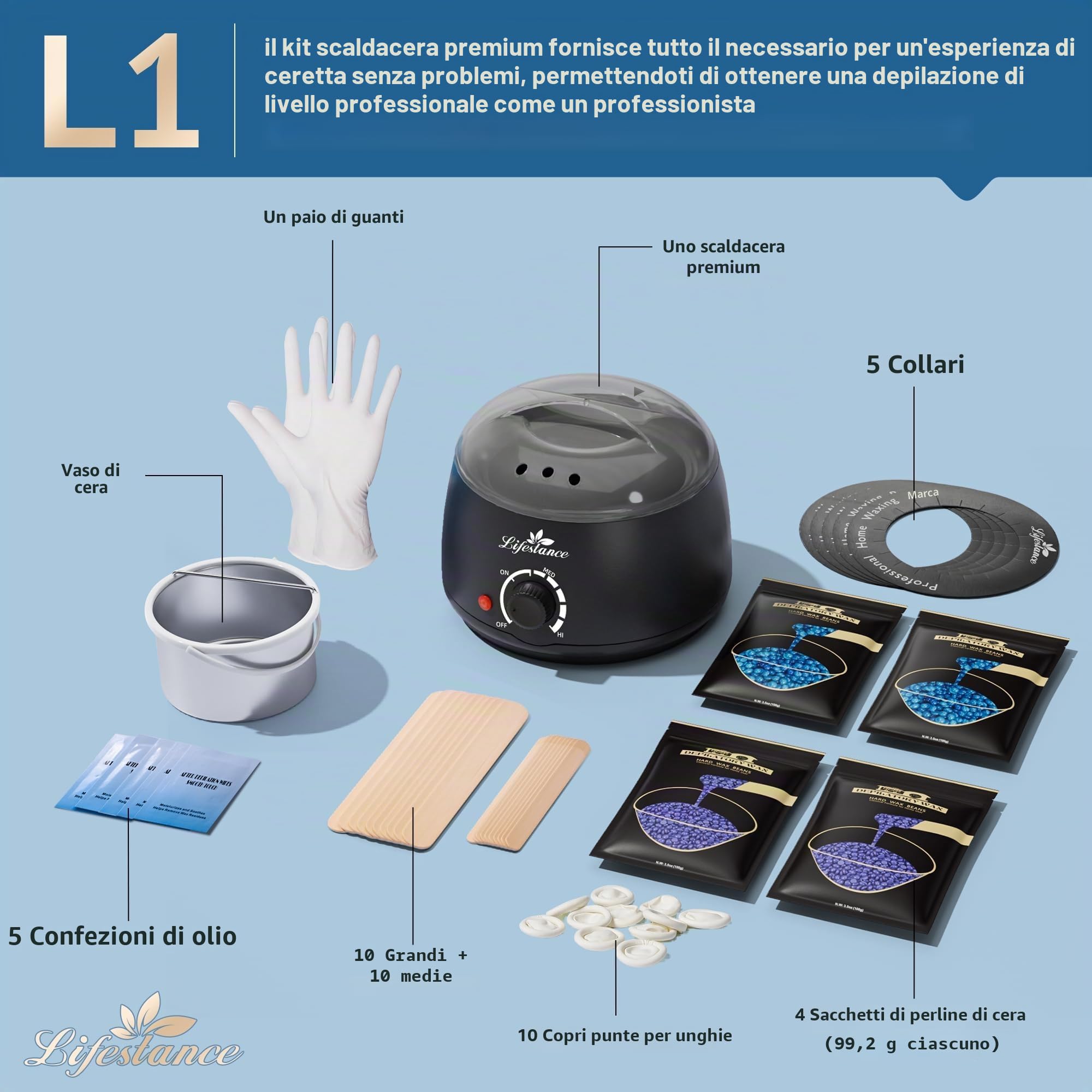 Lifestance Set di cera, Serene Gold L3, macchina per la depilazione a cera con capelli grossolani e peluria, cera calda per zona bikini, sopracciglia, ascelle, viso, gambe