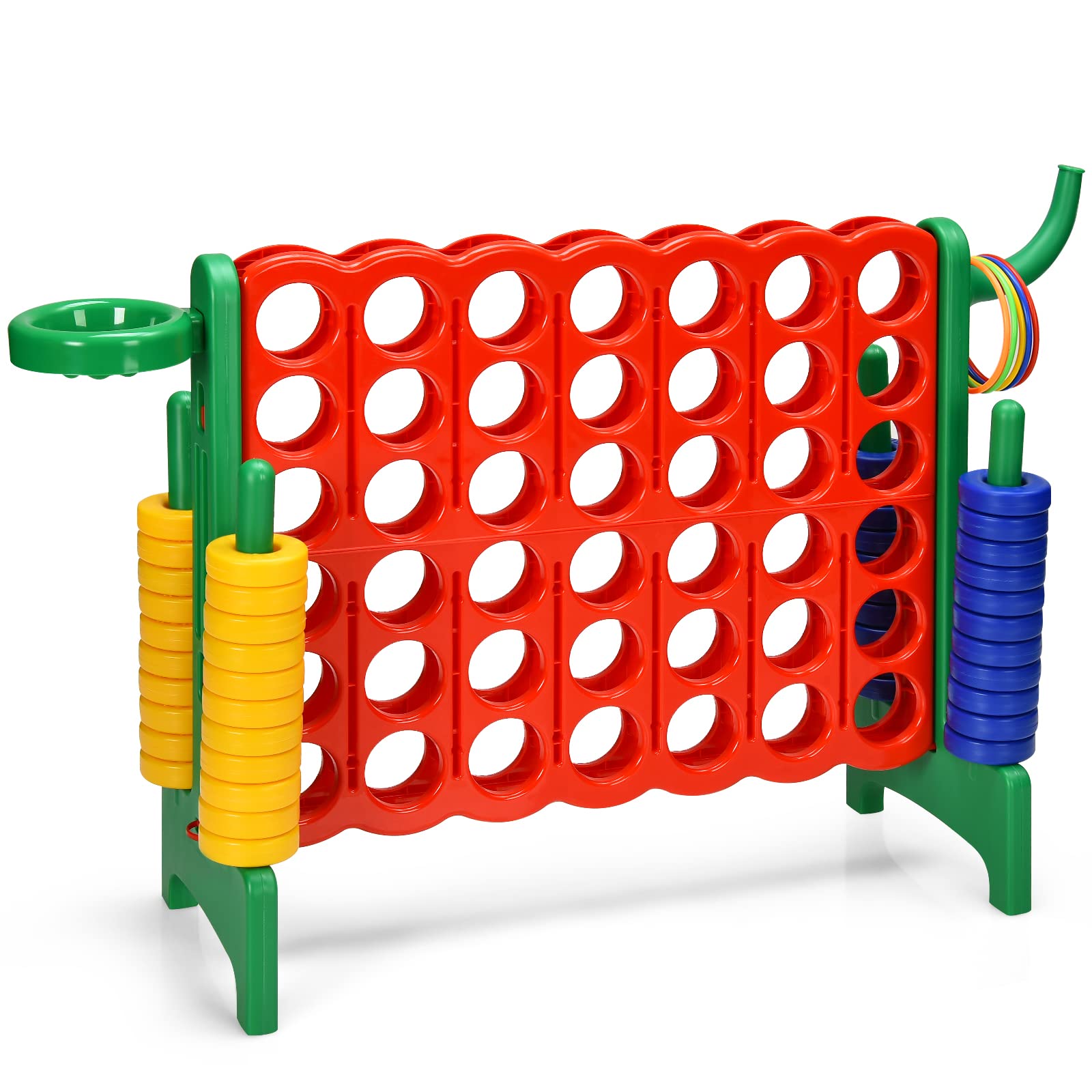 GYMAX Gioco Forza 4 Gigante 3 in 1, Anelli di Lancio, Canestro e Pallacanestro, per Bambini e Adulti, 84 x 33 x 74 cm (Verde)