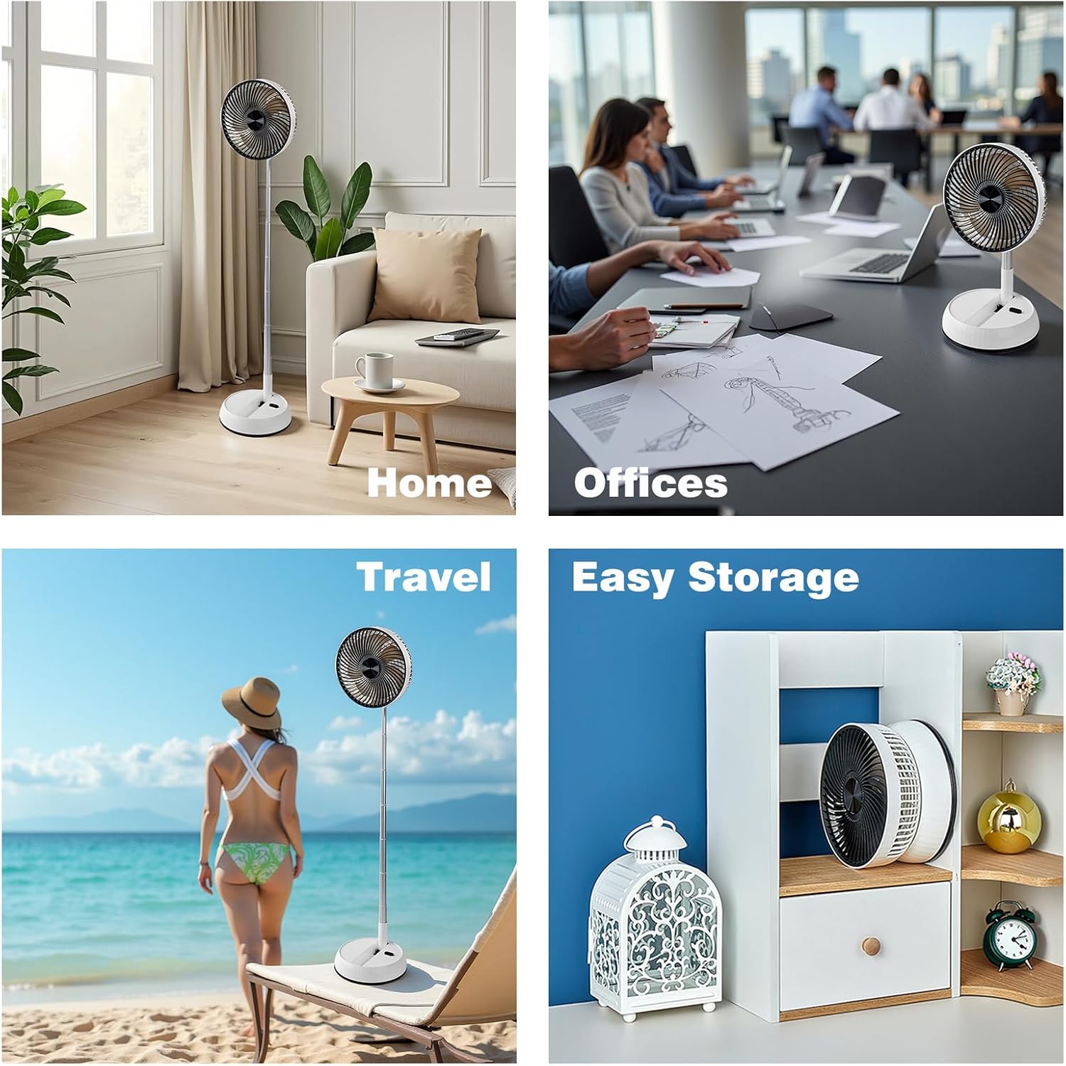 Foldable Rechargeable Oscillating Fan 8" 7200mAh Battery Operated Small Fan, Quiet Table Standing Pedestal Fans for Bedroom Office Camping Travel (White body and black front grille)