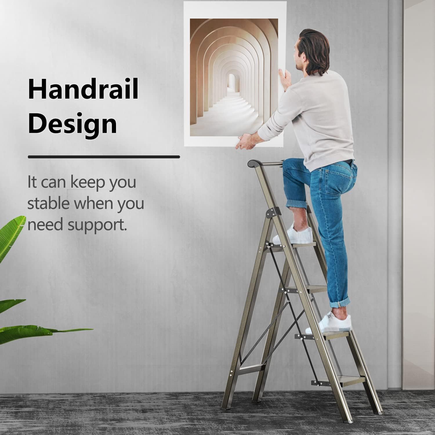 GameGem 4 Step Ladder, Folding Step Stool with Anti-Slip and Wide Pedal, Gold Ladder with Handgrip, Lightweight Aluminum Space Saving Stepladder for Home and Kitchen, 300 lbs Capacity - Image 2