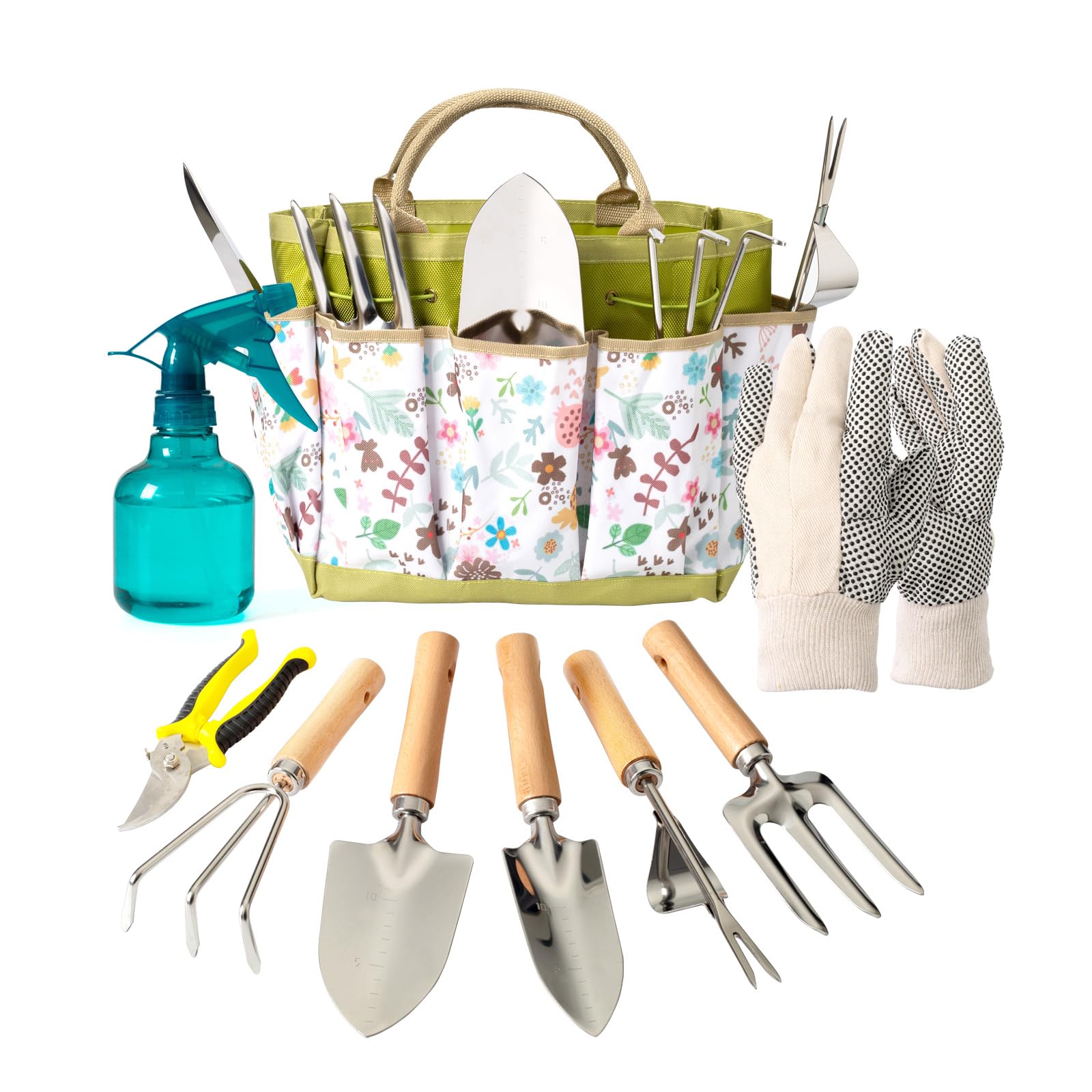 Bamworld Juego de Herramientas de Jardinería 9 Piezas, Kit Jardinería y Set Jardín de Acero Inoxidable con Bolsa, Guantes, Pulverizador, Pala, Tijeras de Podar, Rastrillo para Macetas y Huerto