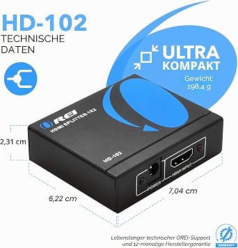 OREI HDMI Splitter 1 in 2 Out - 1x2 HDMI Display Duplicate/Mirror - Powered Splitter Full HD 1080P 4K @ 30Hz (ein Eingang zu zwei Ausgängen) - USB Kabel Inklusive 1 Quelle zu 2 identischen Displays