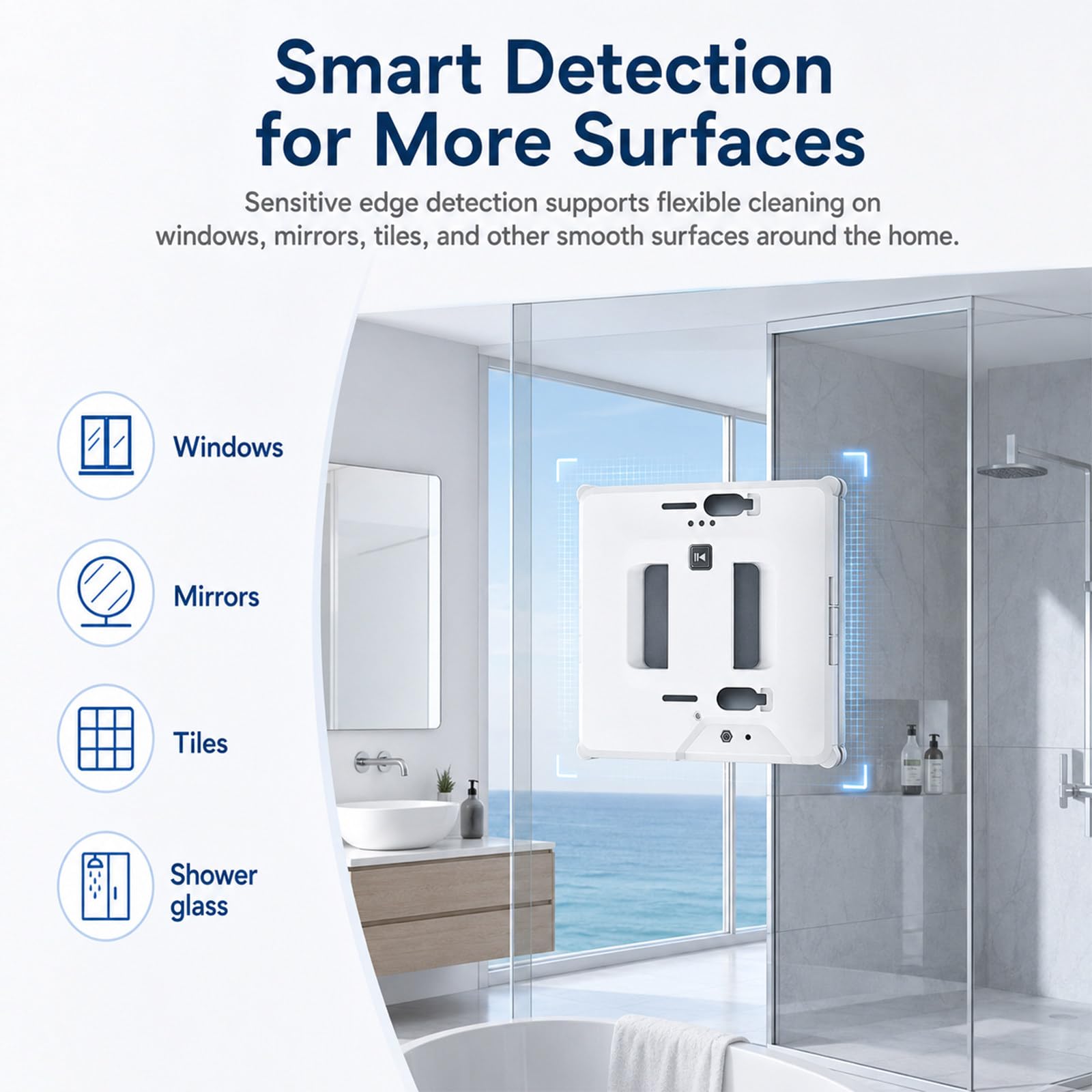 Robot Limpiacristales Inteligente, Limpiador Automático de Ventanas con Doble Pulverización Cruzada, Succión de 2800 Pa, Depósito de 60 ml, para Ventanas, Espejos y Mamparas de Ducha