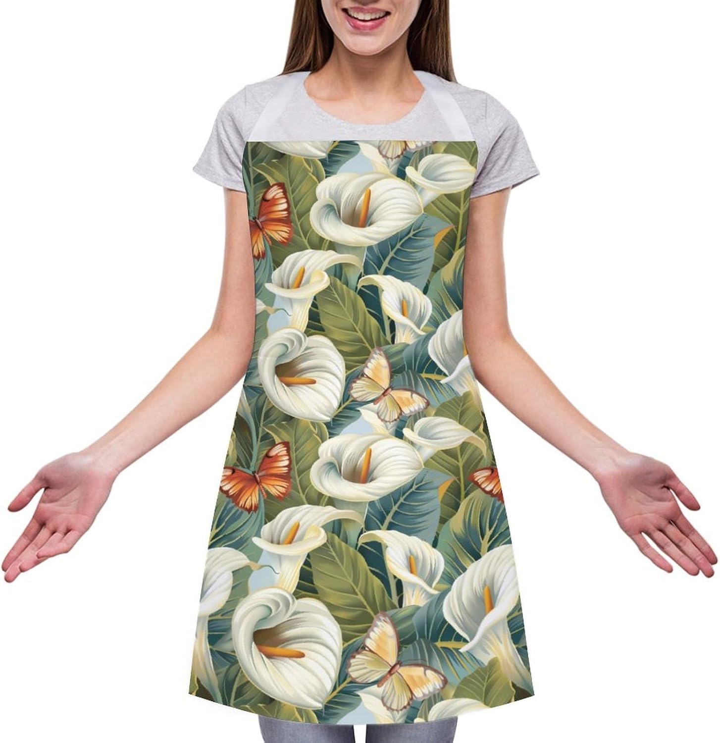Calla Lilies Bouquet Butterfly Funny Apron Chef Aprons with Pockets for Gardening Cooking Kitchen