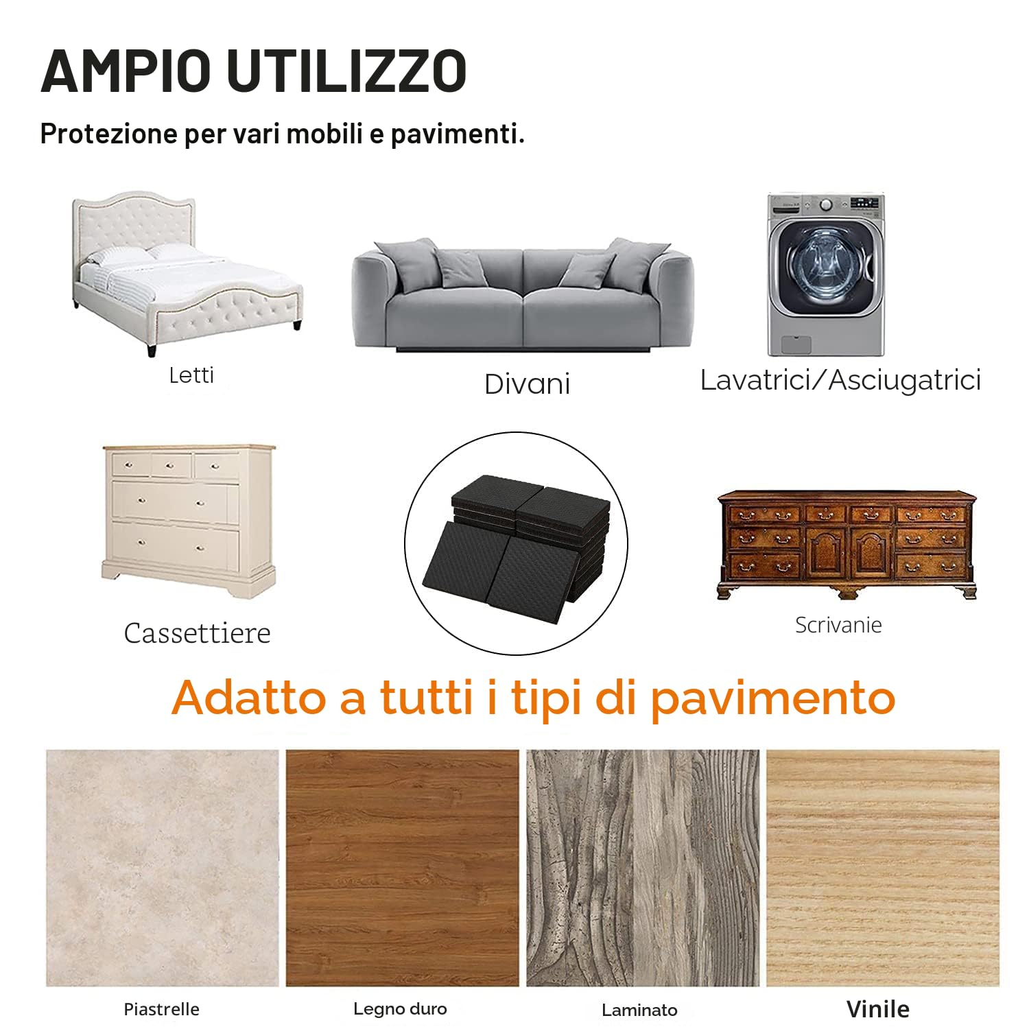 Piedini Antiscivolo Gomma, 12pz 50mm Autoadesivi Tampone per Mobili - Quadrati Feltrini di Gomma Adesivi Gommini per Sedie per Fissaggio dei Mobili e Proteggere del Pavimento