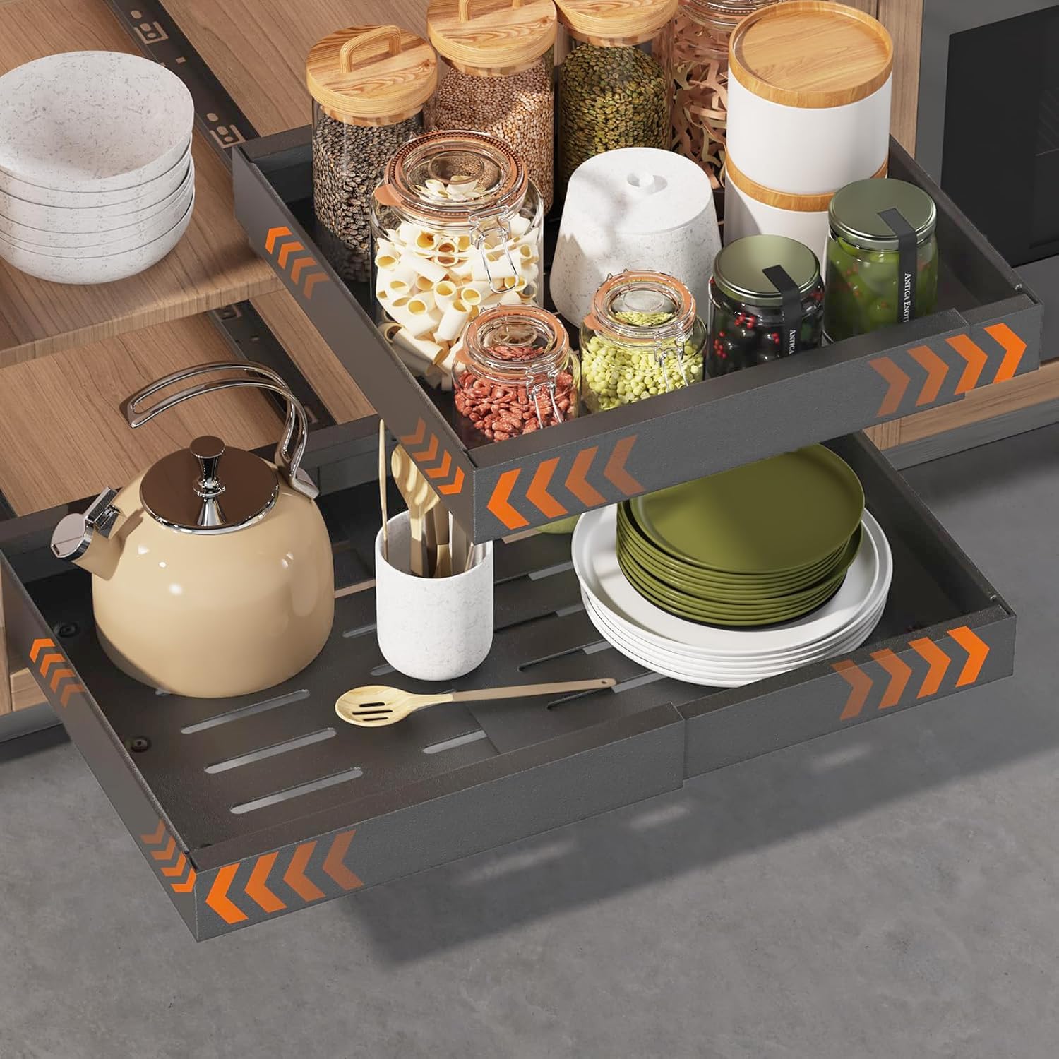 NEWFUN Tiroirs Coulissants Rangement Cuisine，Tiroir Coulissant Placard，Lot de 2 Tiroirs Extensibles Télescopiques pour Armoires de Cuisine，étagères Coulissantes, Largeur Réglable de 32-53 CM
