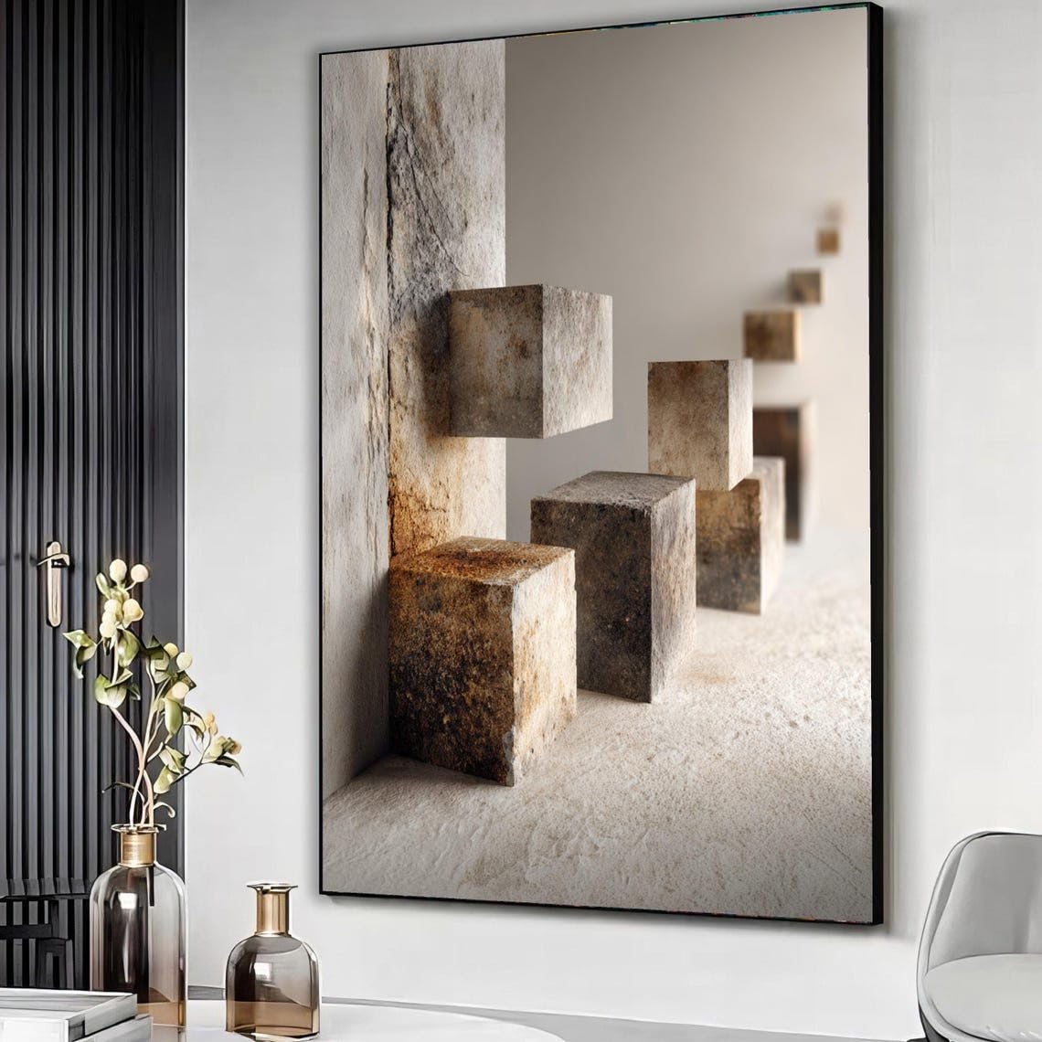 YUSUZHU Quadro su tela con cubi di pietra rustici, blocchi fluttuanti, design geometrico materico, decorazione per la casa, tela pronta per essere appesa (50x70 cm/cornice interna)