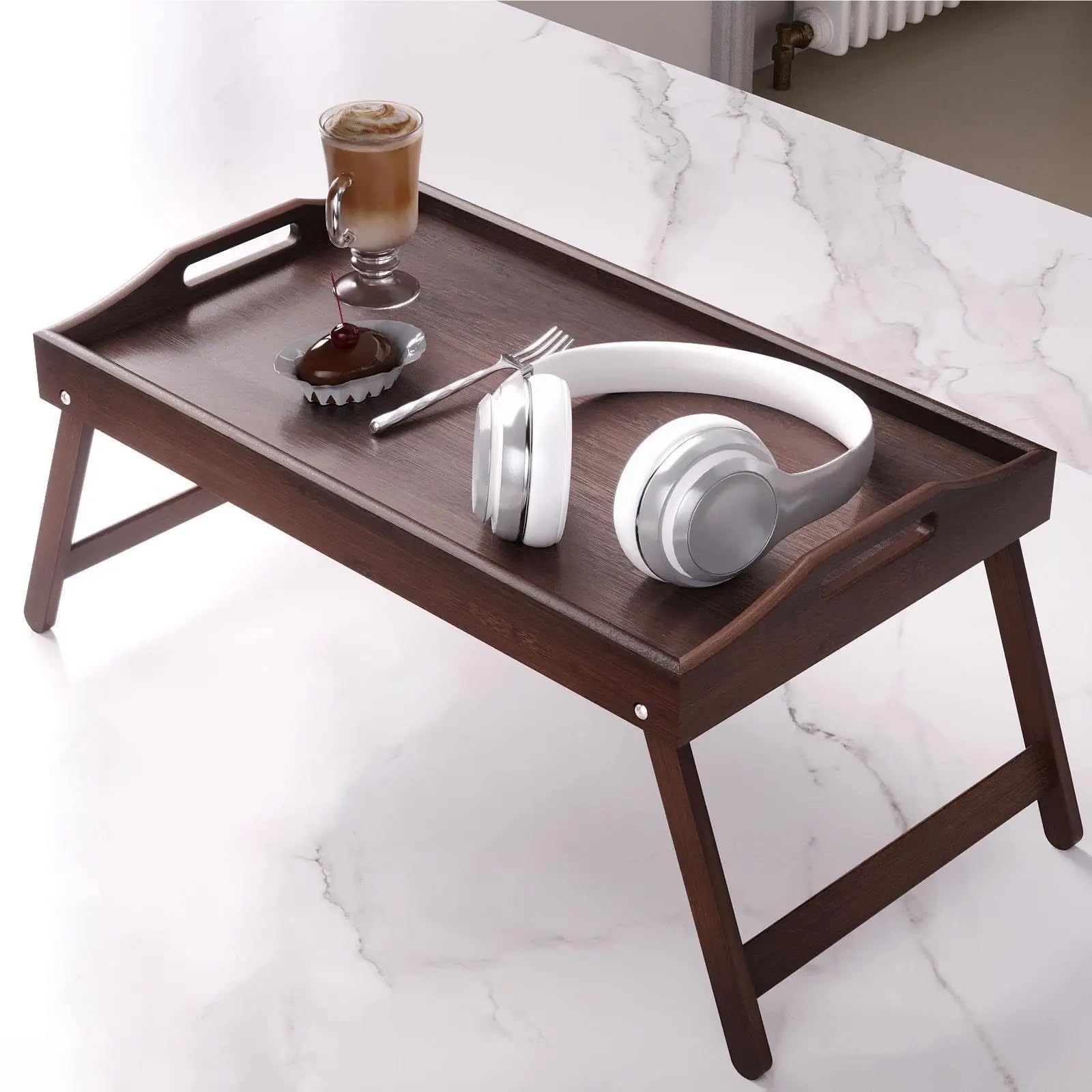 Plateau de lit pliable en bois avec poignée – Plateau de service multifonction pour canapé et chambre à coucher – Idéal pour un usage domestique (marron)