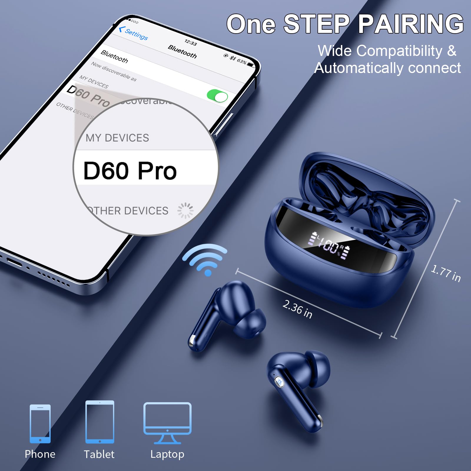 Nerunsa Cuffie Bluetooth, senza fili, Bluetooth, 47 ore, tempo di riproduzione in orecchio, con 4 micron, impermeabili senza fili