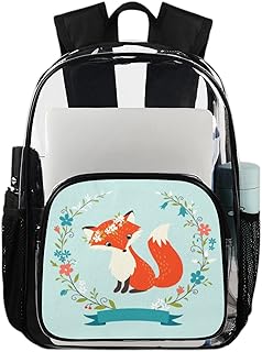 Mochila transparente Fox Flower Heavy Duty Mochilas, Cute Fox Mochila Transparente Impermeável PVC Mochila Transparente com Alça de Ombro Reforçada para Escola, Trabalho, Viagem, Multicor