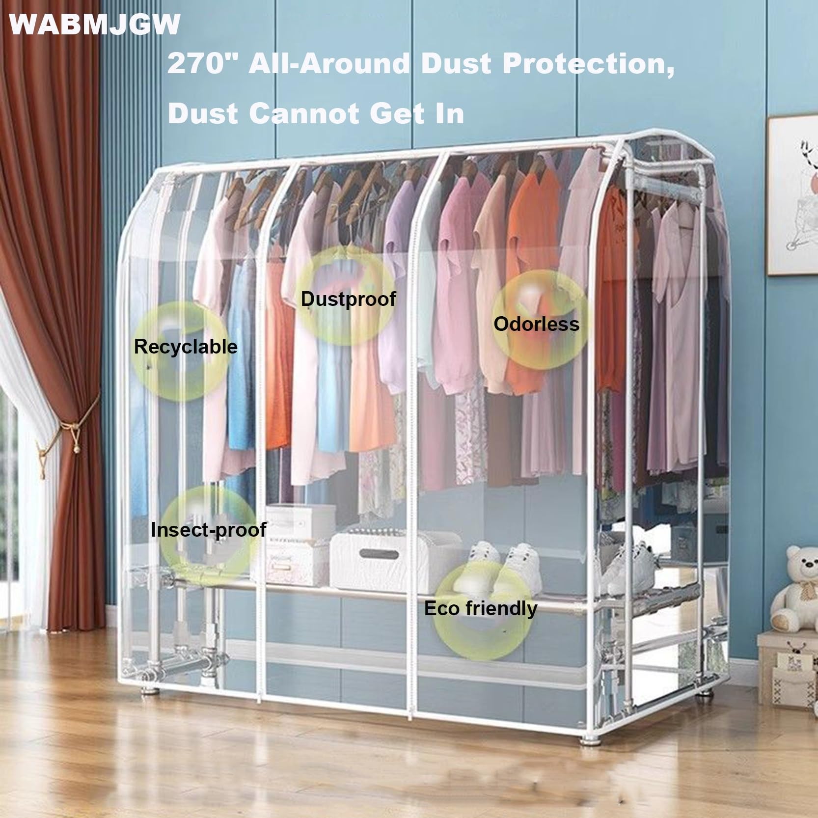 PEVA Staubdichte Kleiderstangen-Abdeckung, wasserdicht, transparent, Kleiderstangenschutz mit Reißverschluss, transparenter Schutzbezug mit Reißverschluss zum Aufhängen von Kleidung