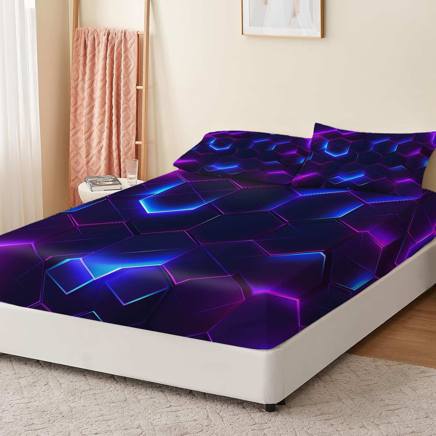 Biancheria da letto comfort, sfondo esagonale scuro, lenzuolo doppio stampato in 3 pezzi con 2 federe, lenzuola in tessuto viola extra morbido in microfibra spazzolata 160 x 200 + 30 cm