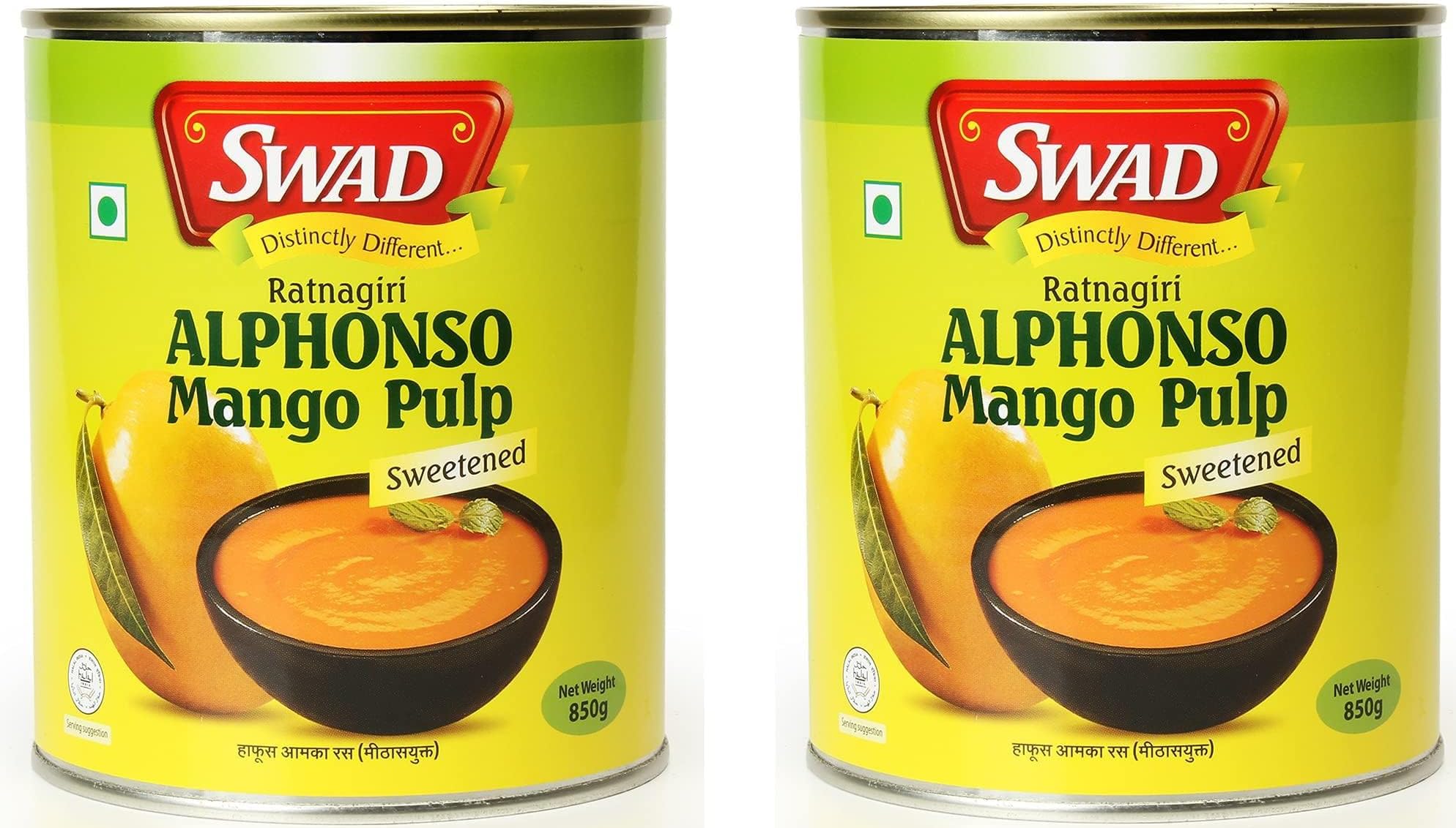 SWAD Ratnagiri Alphanso Pure Mango Pulp/Aamras Tin with No Added Preservative Sweetened-850g, Pack of 2