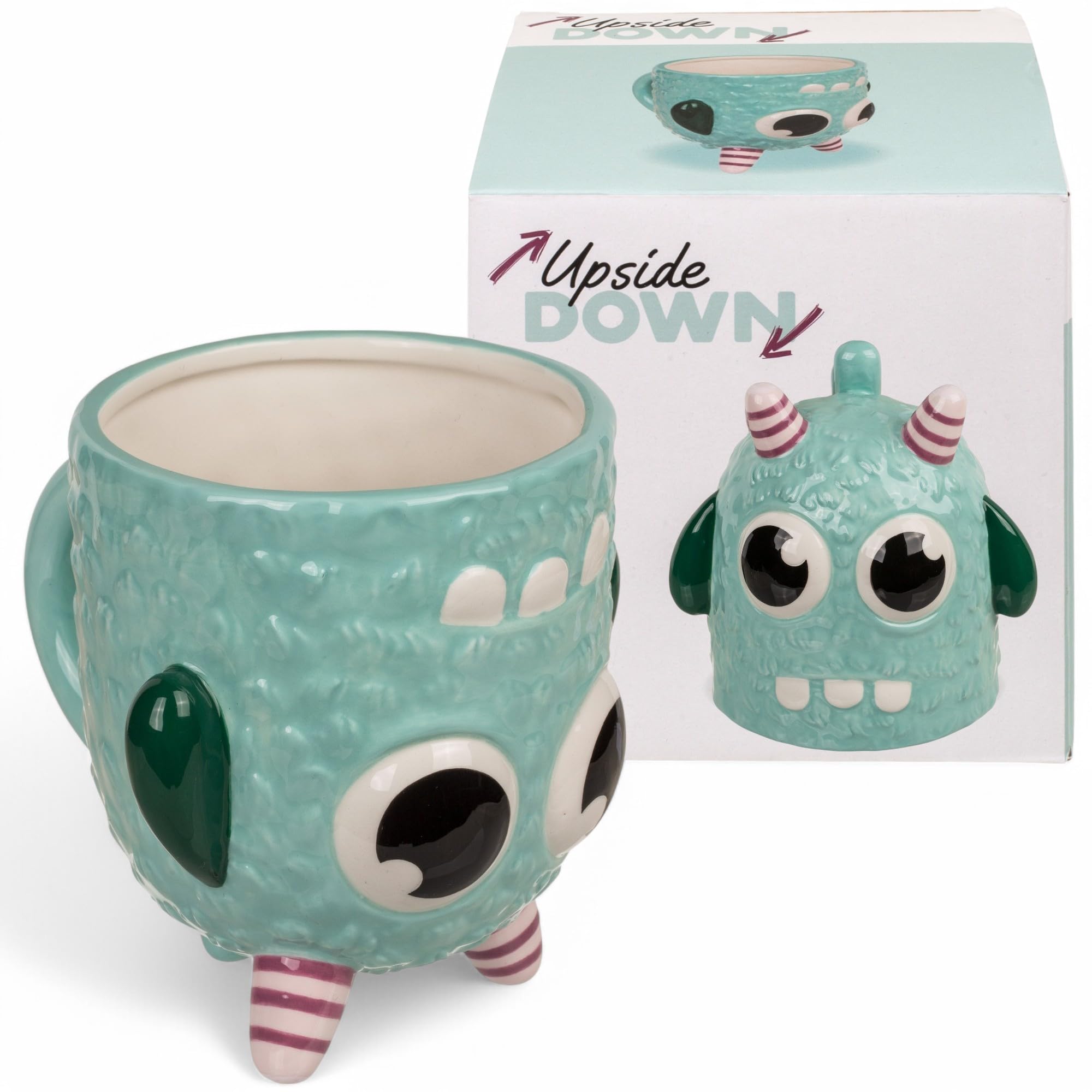 Tazza da caffè con manico, tazza da tè – Upside-Down Mug – Tazza rovesciata in ceramica, ca. 400 ml (Monster Blu)