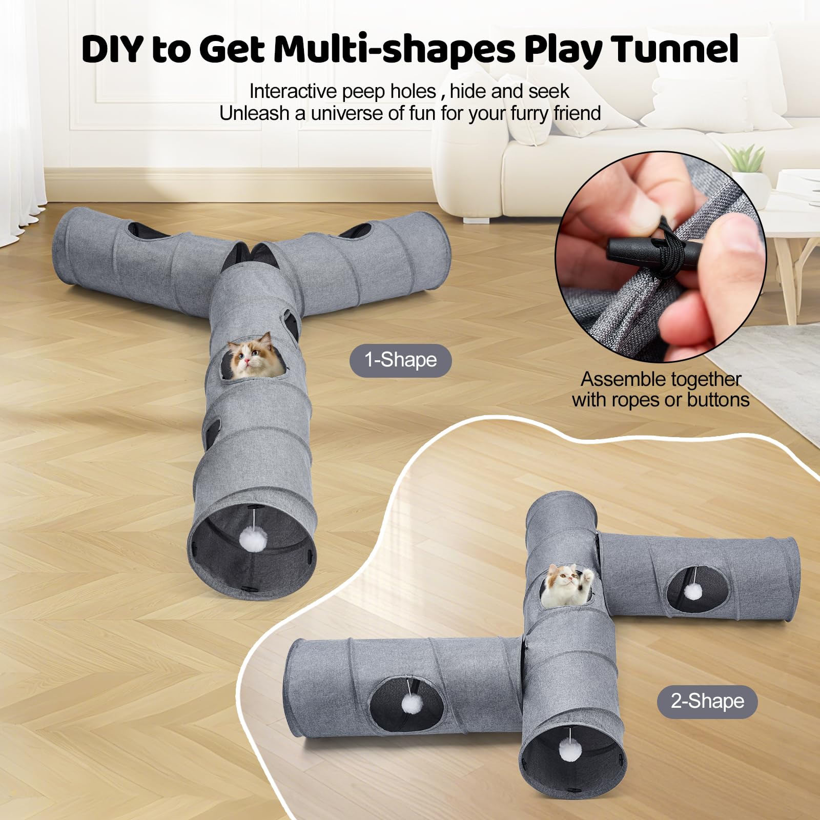 Odoland Katzentunnel in Leinen DIY Spieltunnel mit Ball Katzenspielzeug Faltbar Pet Play Tunnel Tube für Katzen Kaninchen Kleintiere, 110cm, Grau
