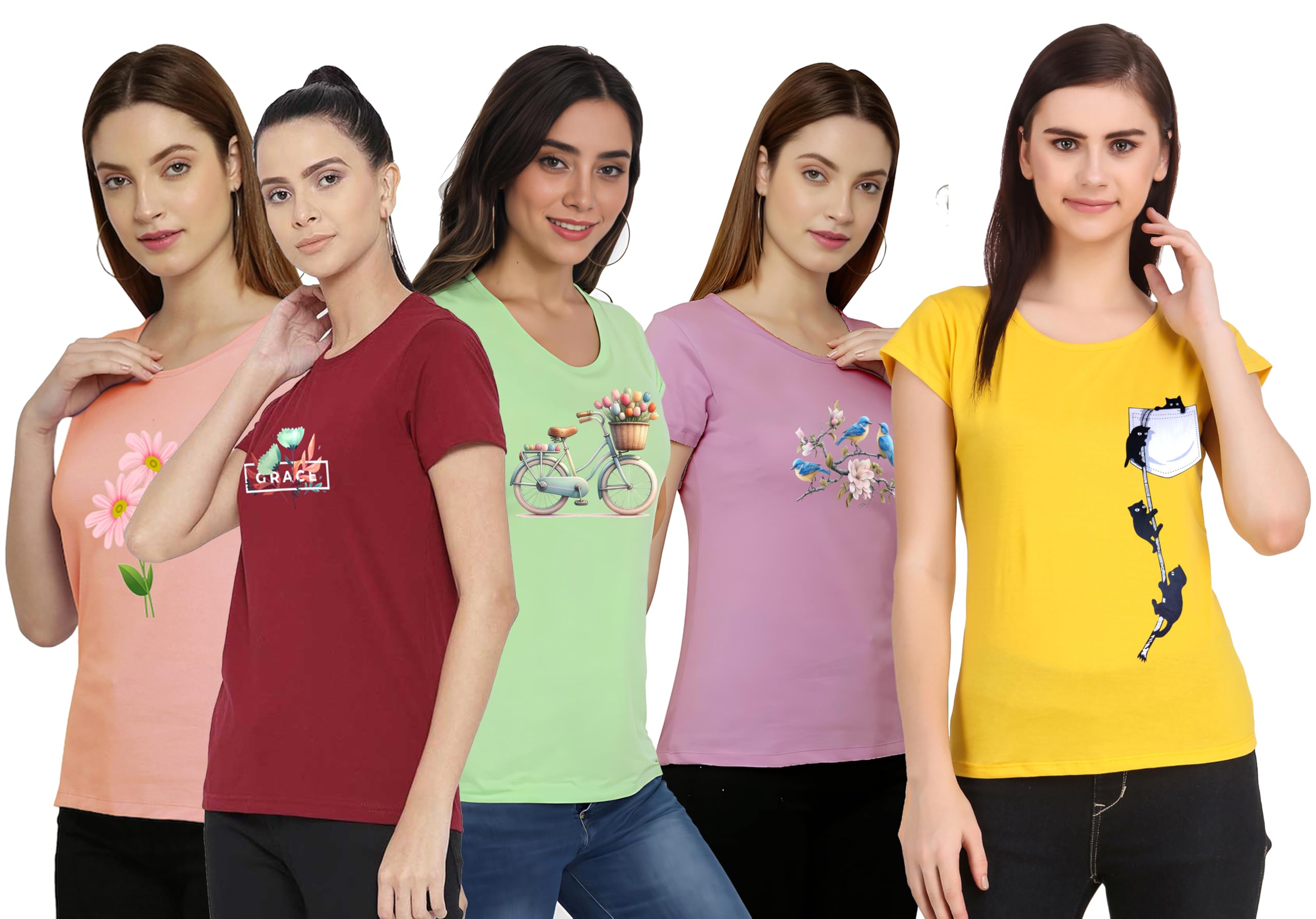 nivik Combo of 5 Printed Cotton T-Shirts for Women-picture-56