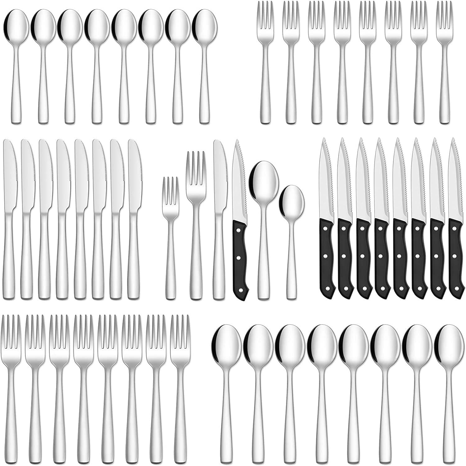 Silverware Set with Steak Knives, Stainless Steel Flatware Cutlery Set For Home Kitchen Restaurant Hotel, Kitchen Utens (Silver 72 pcs)