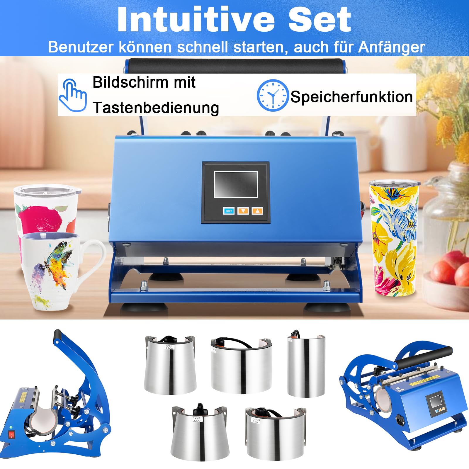 Tassenpresse Mug Sublimationspresse 8-30OZ 600W - 200 ℃ Heisspresse Hitzepresse mit 6 Untersetzer Transferpresse Tassen Bedrucken Multifunktionale Sublimations-Drucker Becherdruckmaschine