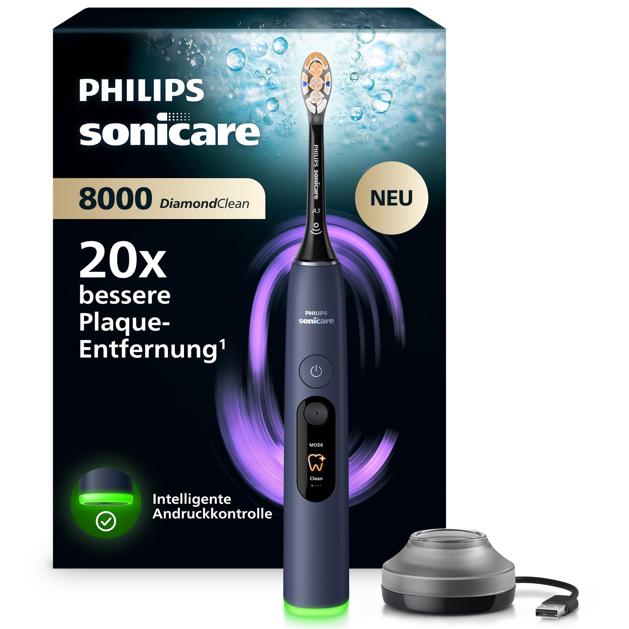 Philips Sonicare Next-Generation DiamondClean 8000 elektrische Zahnbürste - mit intelligenter Andruckkontrolle und 15 Einstellungen, Dunkelblau, HX8311/13