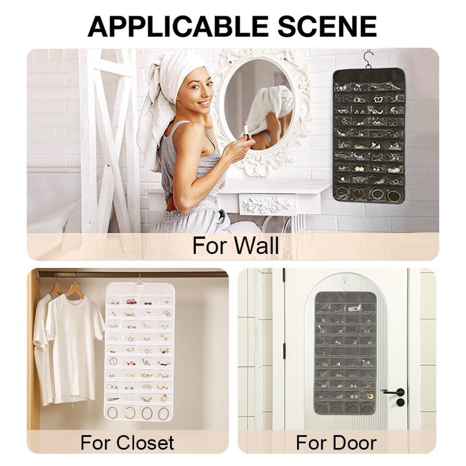 Organizer per Gioielli,Organizzatore di Gioielli da Appendere,Storage Doppia Faccia per Gioielli,Hanging Jewelry Organizer per Armadio,Doppia Faccia Porta Gioielli da Appendere con 48 Tasche(bianco)