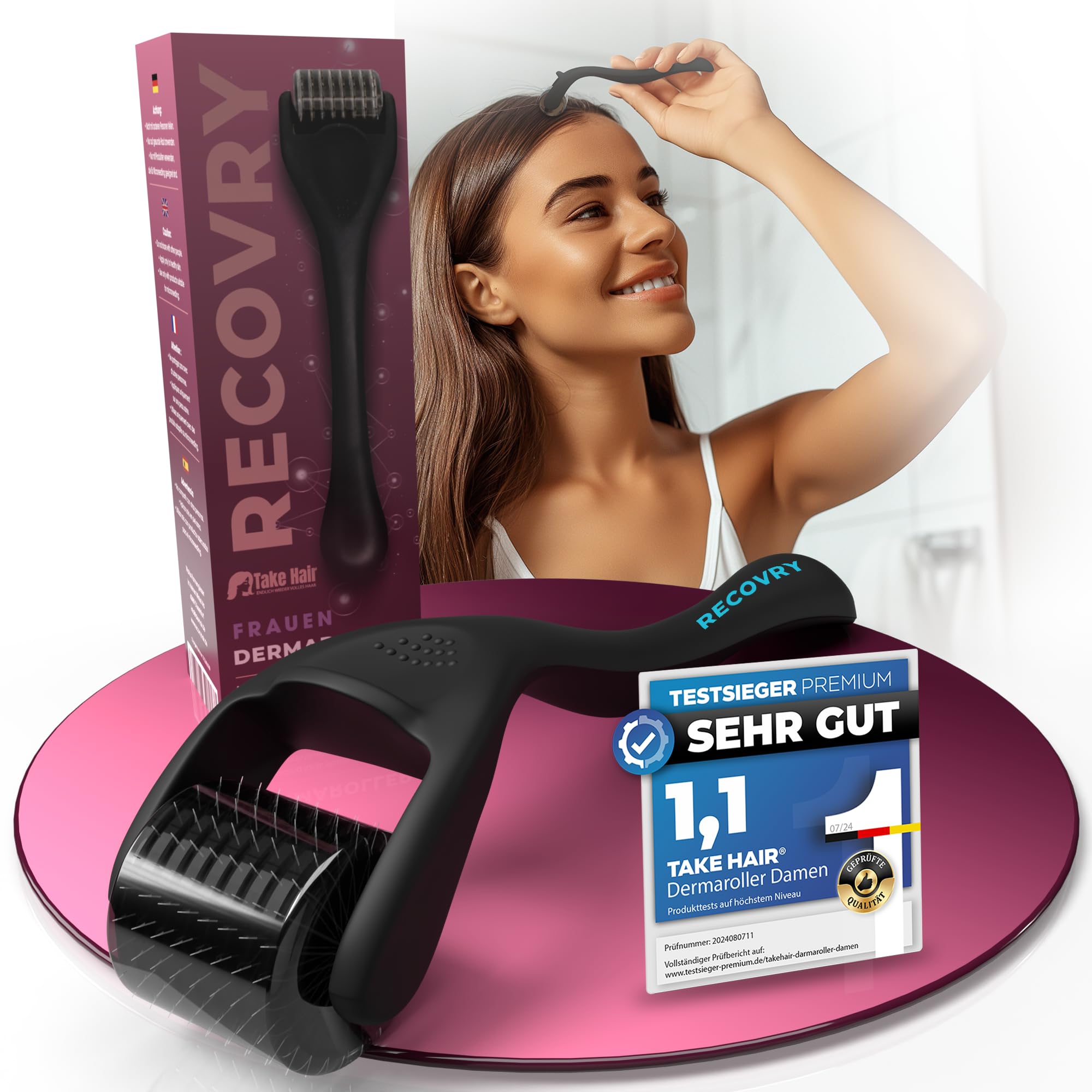 RECOVRY Dermaroller Frauen 0,5 mm – 192 echte Nadeln volleres Haar und Kopfhautpflege | Edelstahl Nadeln – Maximales Haarwachstum | Micro Needle Roller (0,5 mm)
