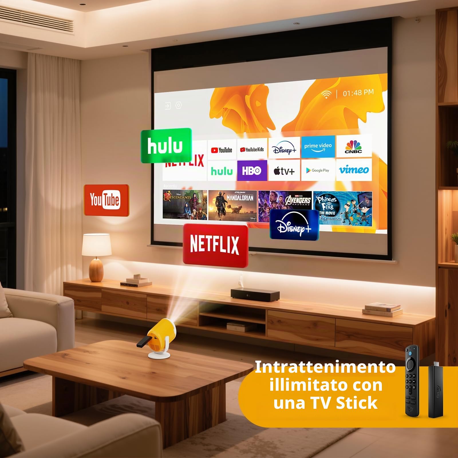 Mini proiettore portatile con WiFi e Bluetooth Proiettore cinematografico ruotabile con messa a fuoco elettronica Proiettori LED per home theater Compatibile con phone, TV Stick, laptop, HDMI, USB