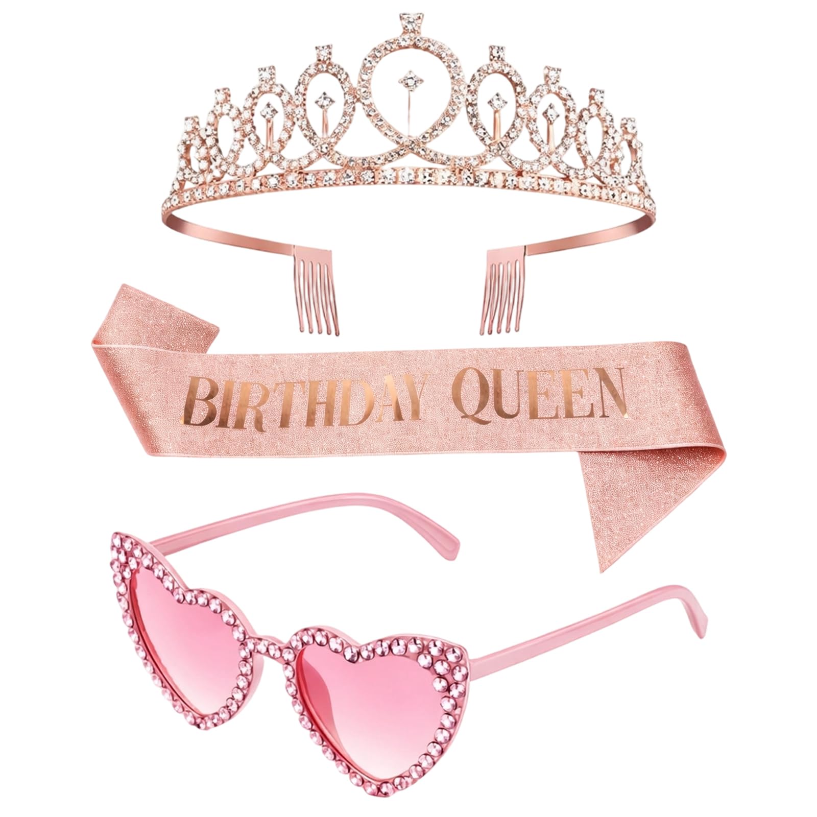 YcsRnn Birthday Sash for Women, Birthday Queen Sash and Tiara Set, 3-Piece Birthday Accessories for Women, Rose Gold and Pink Design, 81st Birthday Celebration Decorations
